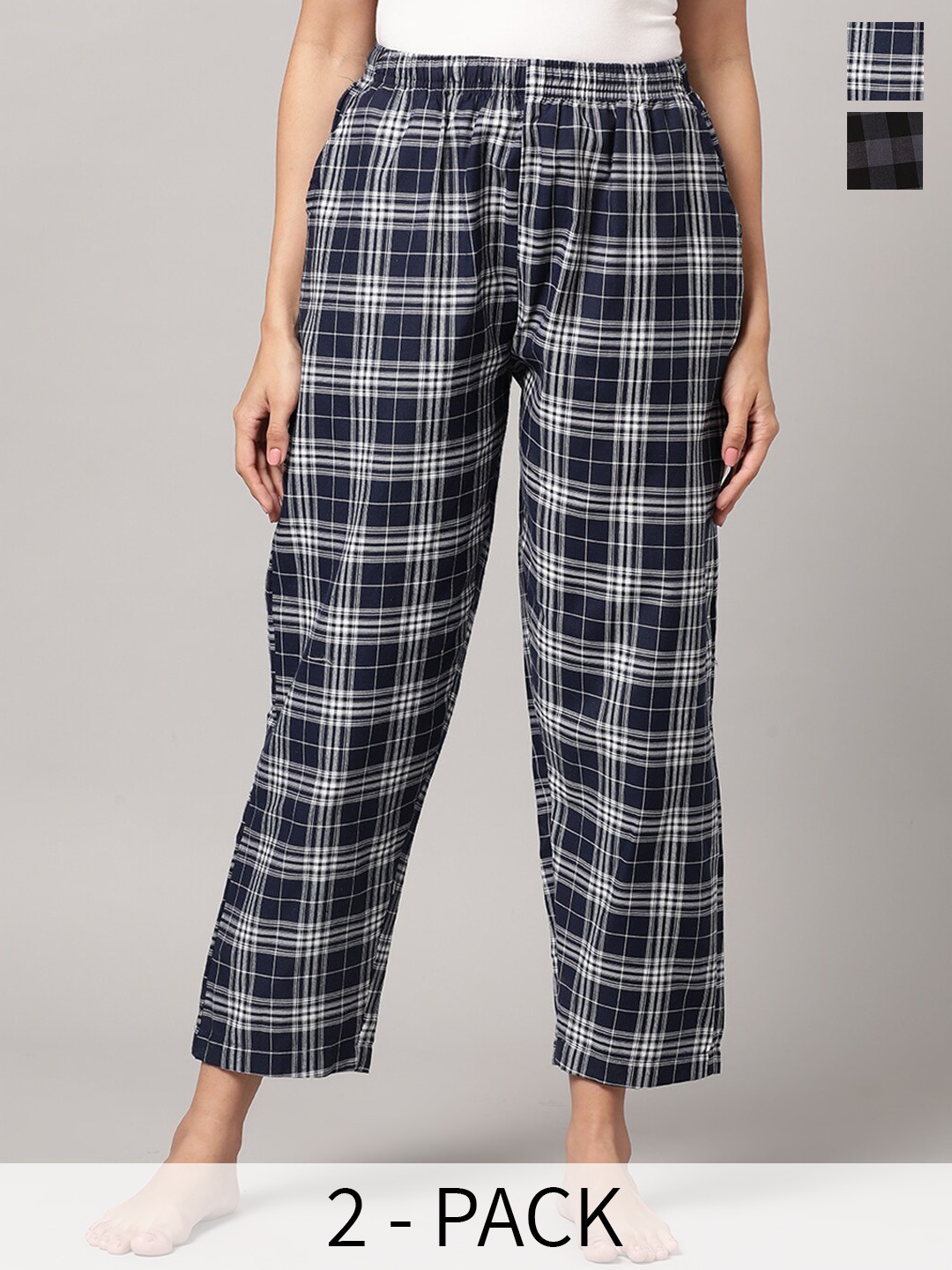 

Kryptic Pack Of 2 Checked Cotton Lounge Pants, Navy blue
