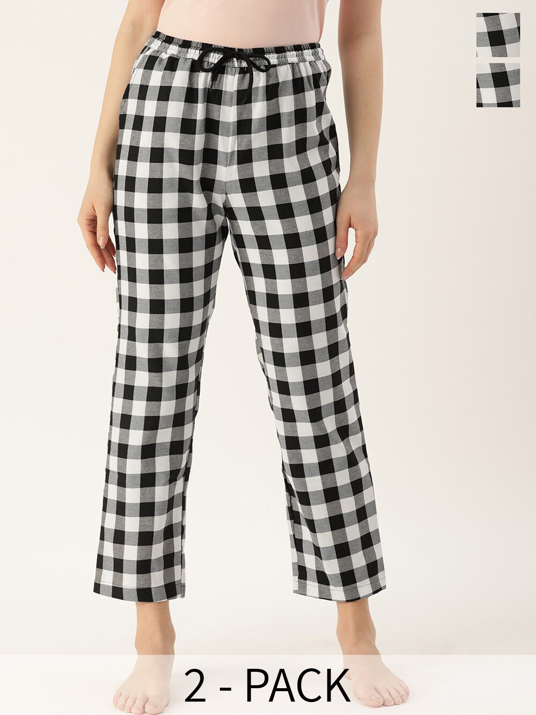 

Kryptic Women Pack of 2 Checked Pure Cotton Lounge Pants, White