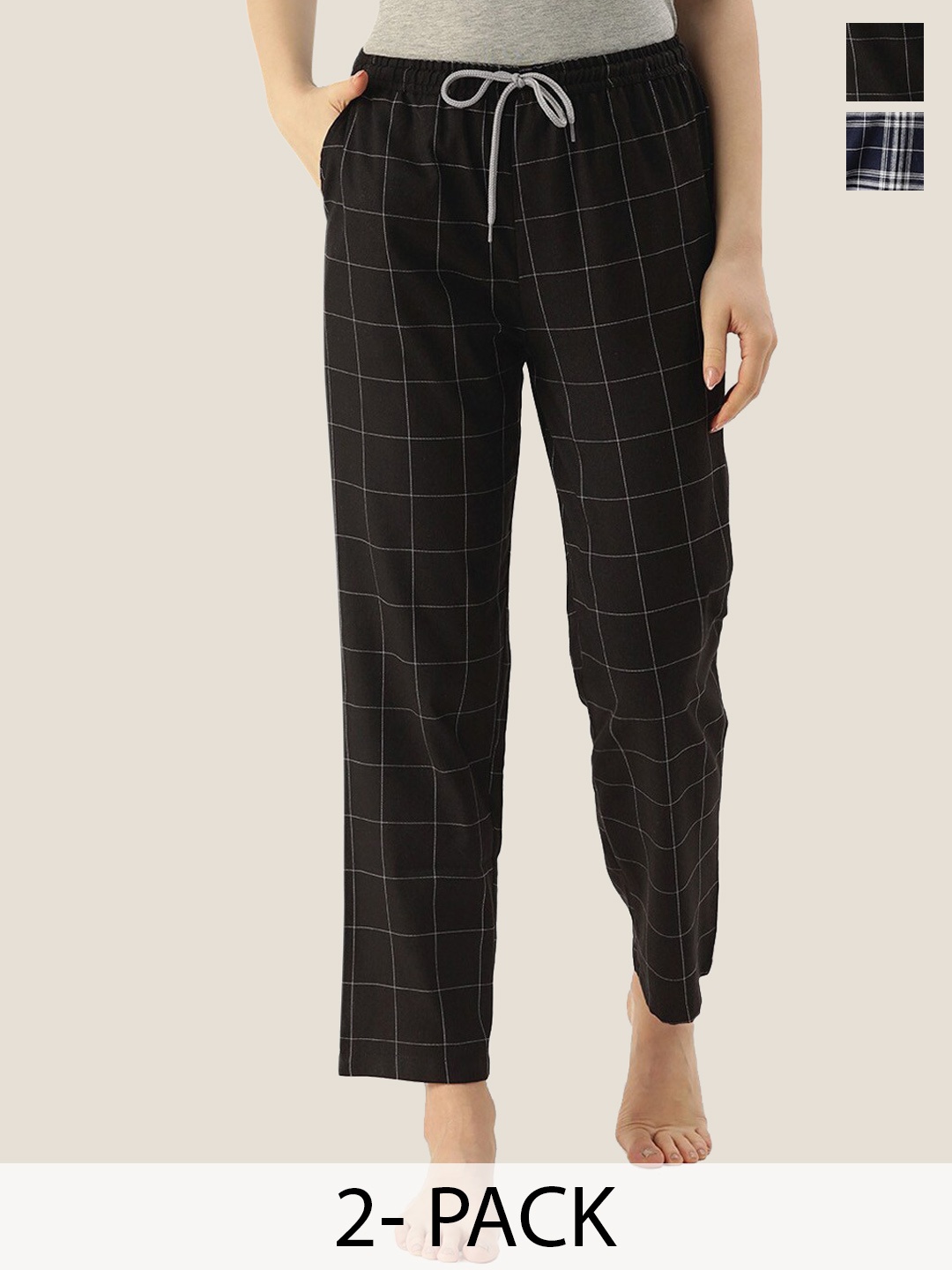 

Kryptic Women Pack Of 2 Checked Mid-Rise Cotton Straight Lounge Pants, Navy blue
