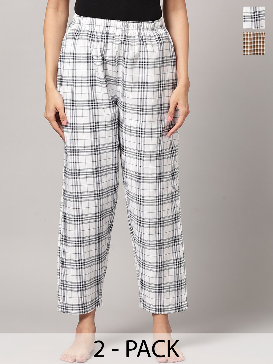 

Kryptic Women Pack Of 2 Checked Mid-Rise Cotton Straight Lounge Pants, White