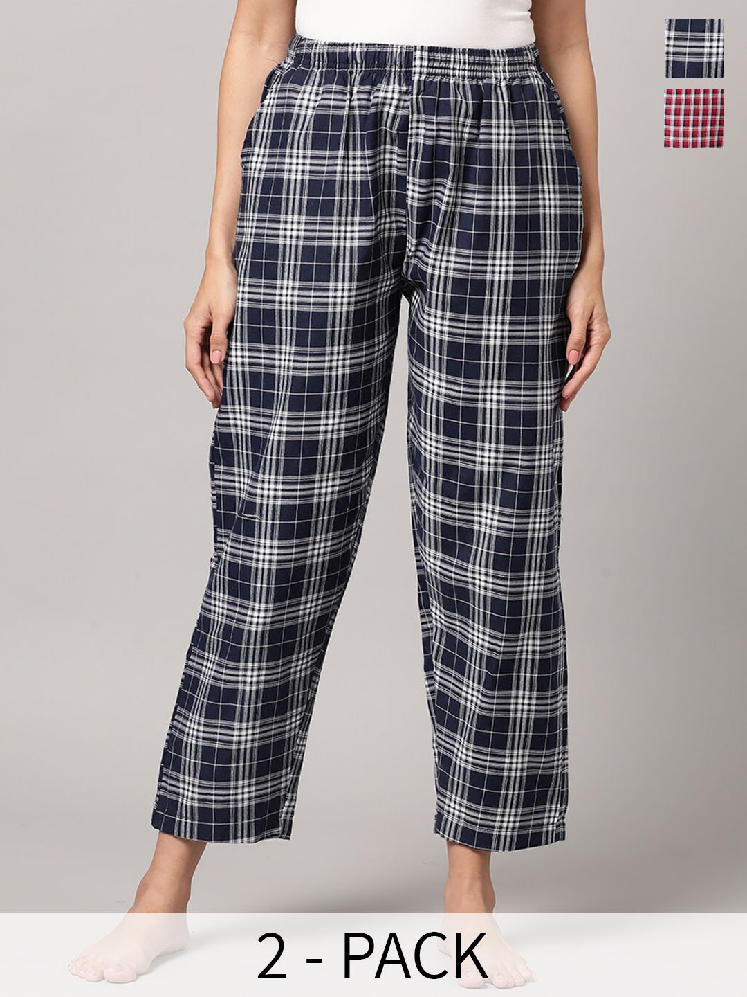 

Kryptic Women Pack of 2 Checked Mid-Rise Cotton Lounge Pants, Navy blue