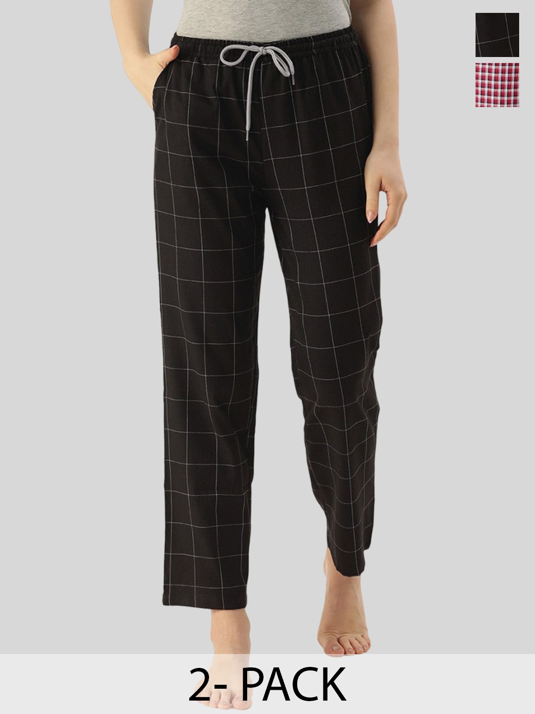 

Kryptic Women Pack of 2 Checked Mid-Rise Lounge Pants, Maroon