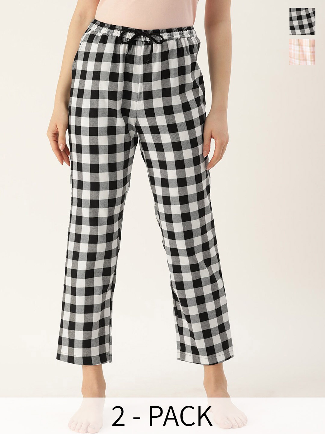 

Kryptic Women Pack Of 2 Checked Mid-Rise Cotton Straight Lounge Pants, Black