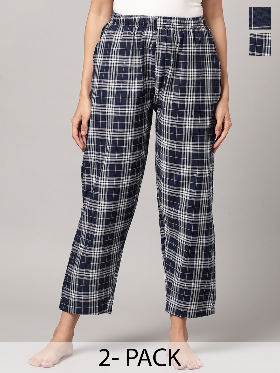 

Kryptic Women Pack of 2 Checked Cotton Lounge Pants, Navy blue