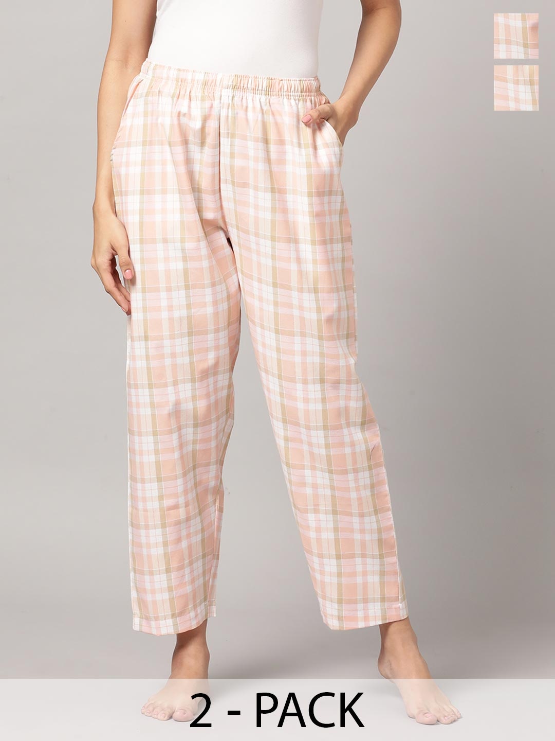 

Kryptic Women Pack Of 2 Checked Mid-Rise Cotton Lounge Pants, Pink