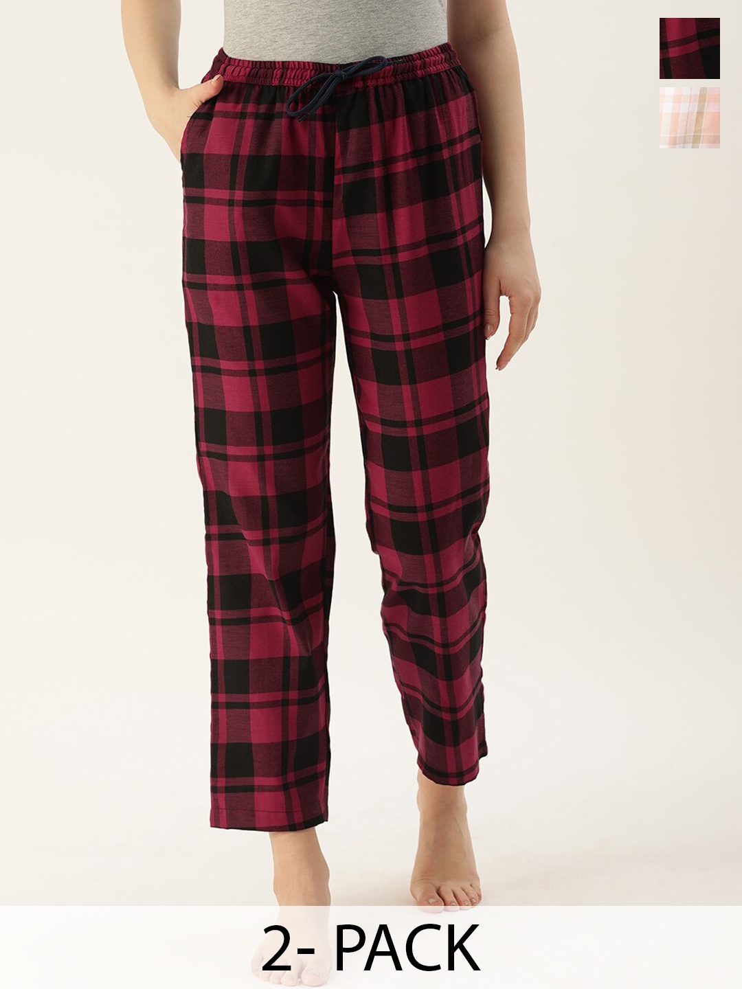 

Kryptic Women Pack of 2 Checked Mid-Rise Lounge Pants, Pink