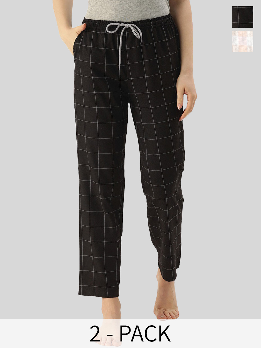 

Kryptic Women Pack Of 2 Checked Mid-Rise Cotton Straight Lounge Pants, Pink
