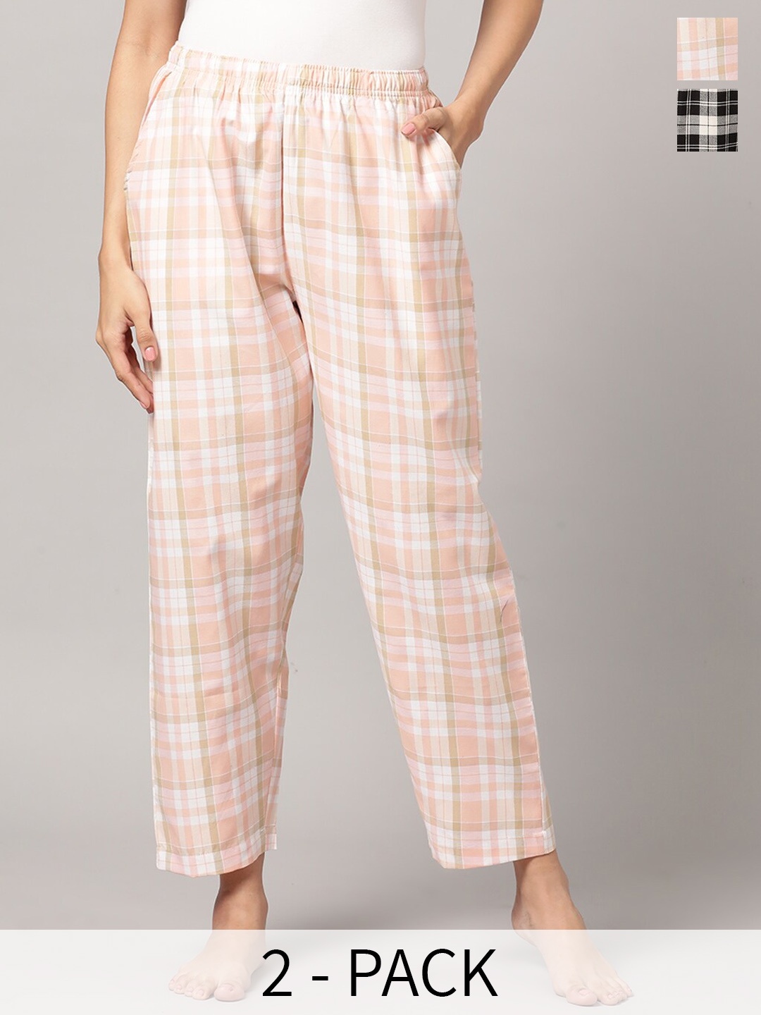 

Kryptic Women Pack of 2 Checked Pure Cotton Lounge Pants, Pink