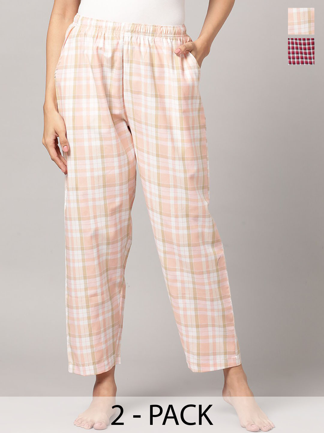 

Kryptic Women Pack of 2 Checked Cotton Lounge Pants, Pink