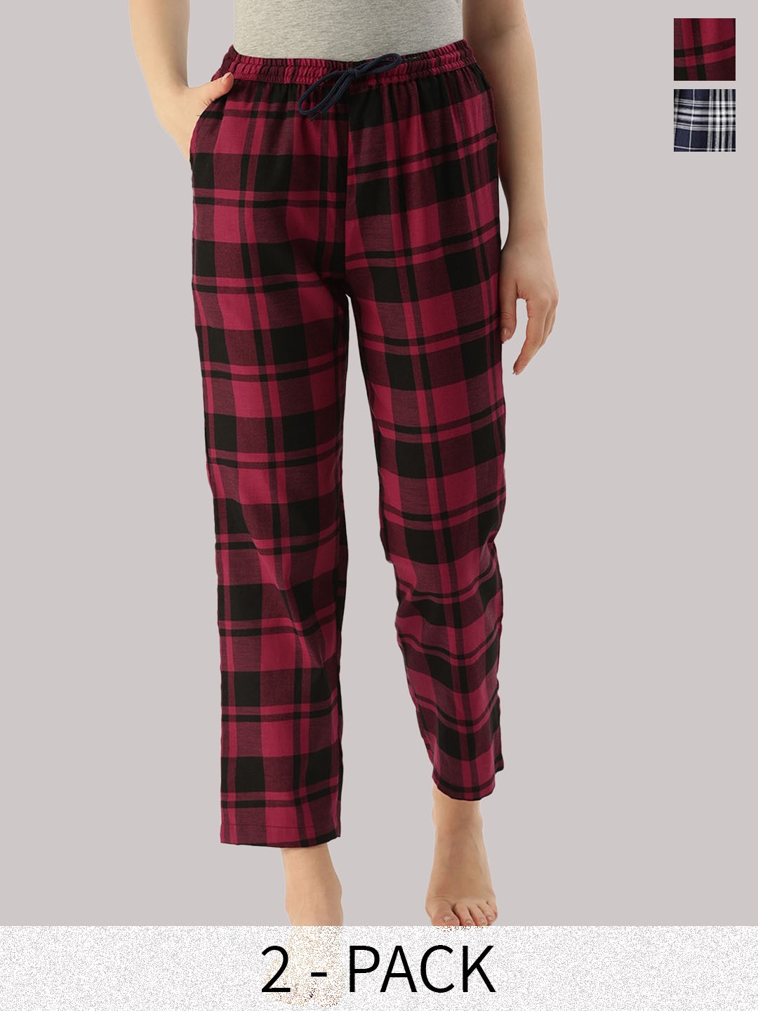 

Kryptic Women Pack of 2 Checked Pure Cotton Lounge Pants, Navy blue