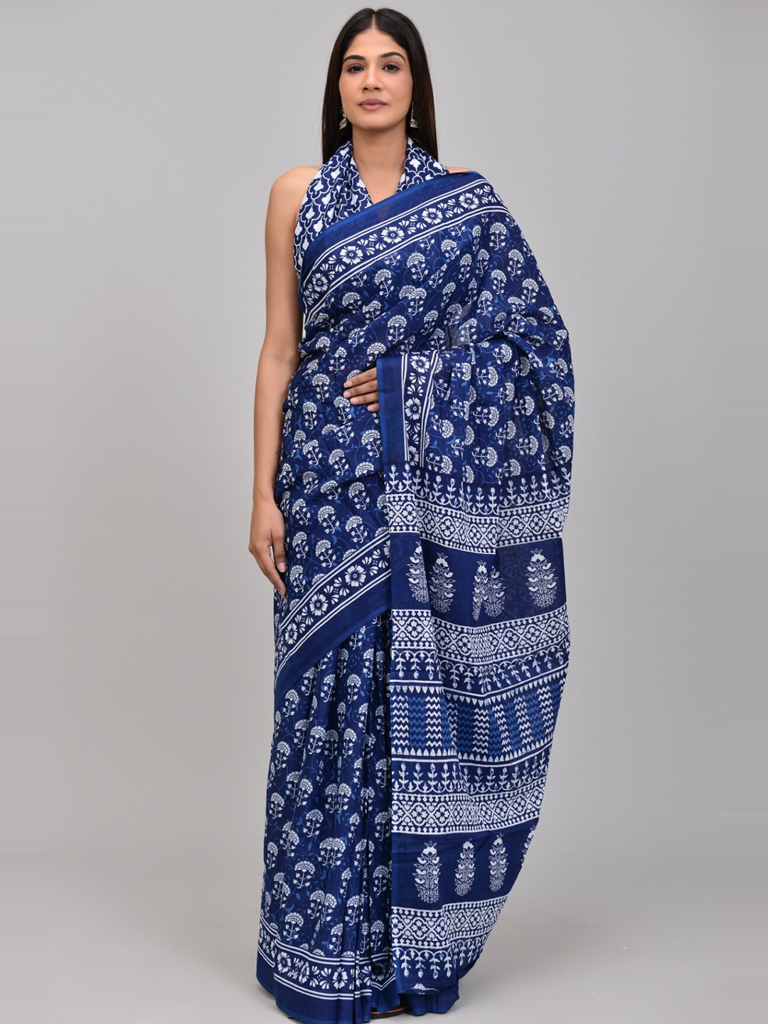 

KALINI Ethnic Motifs Printed Pure Cotton Saree, Navy blue