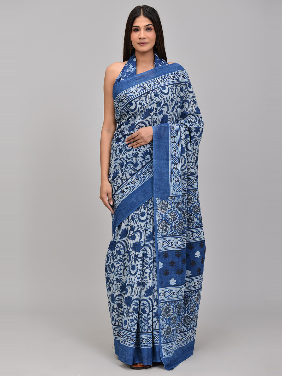

KALINI Floral Pure Cotton Block Print Saree, Navy blue