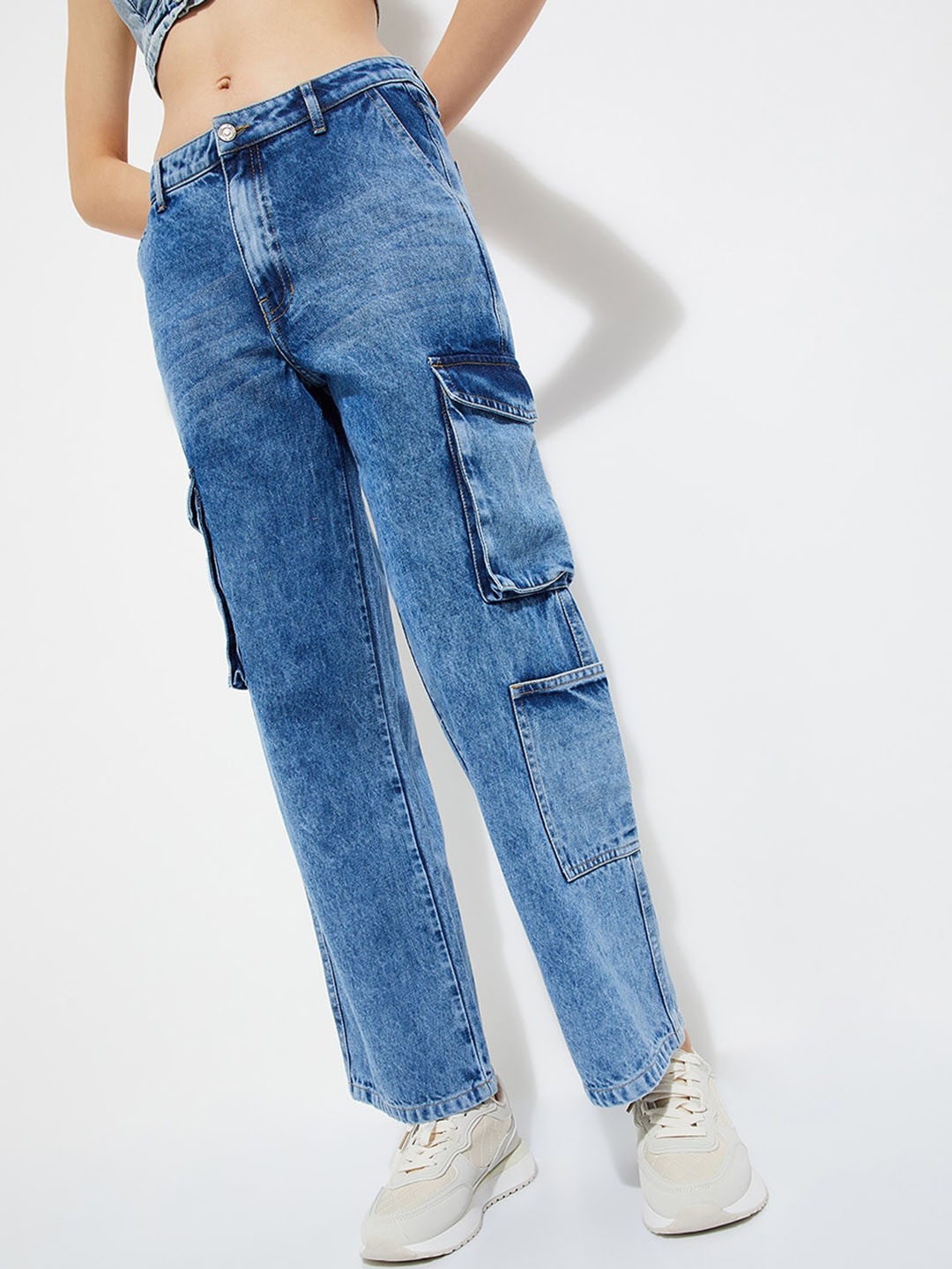 

max URB_N Women Washed Cargo Jeans, Blue