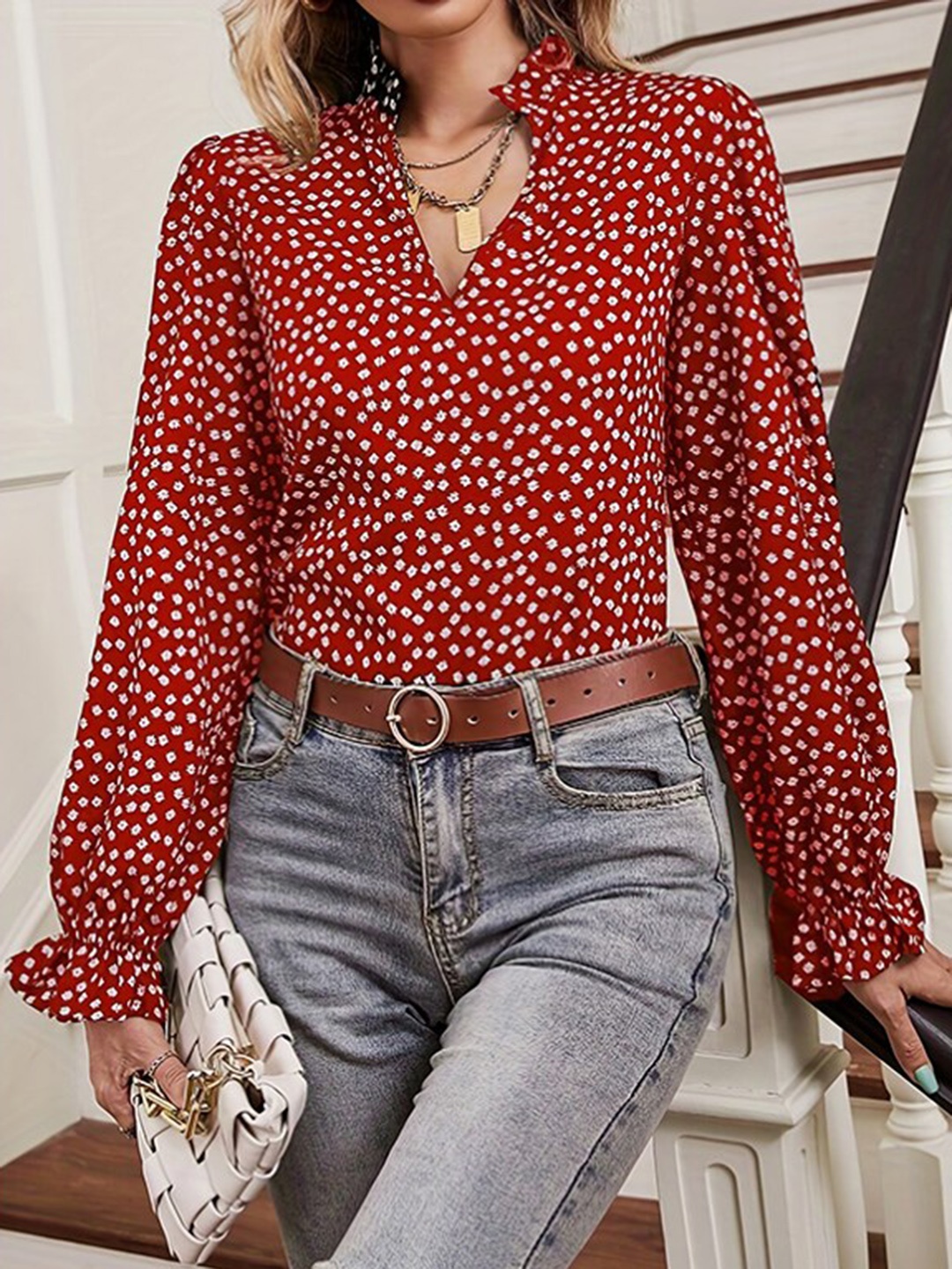 

StyleCast Red Polka Dot Printed Mandarin Collar Bell Sleeves Casual Top