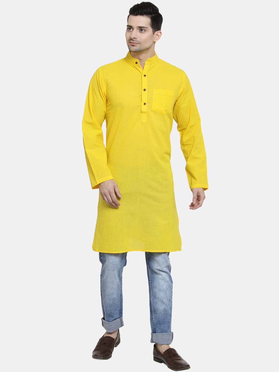 

Sayesha Band Collar Long Sleeves Pure Cotton Kurta, Yellow