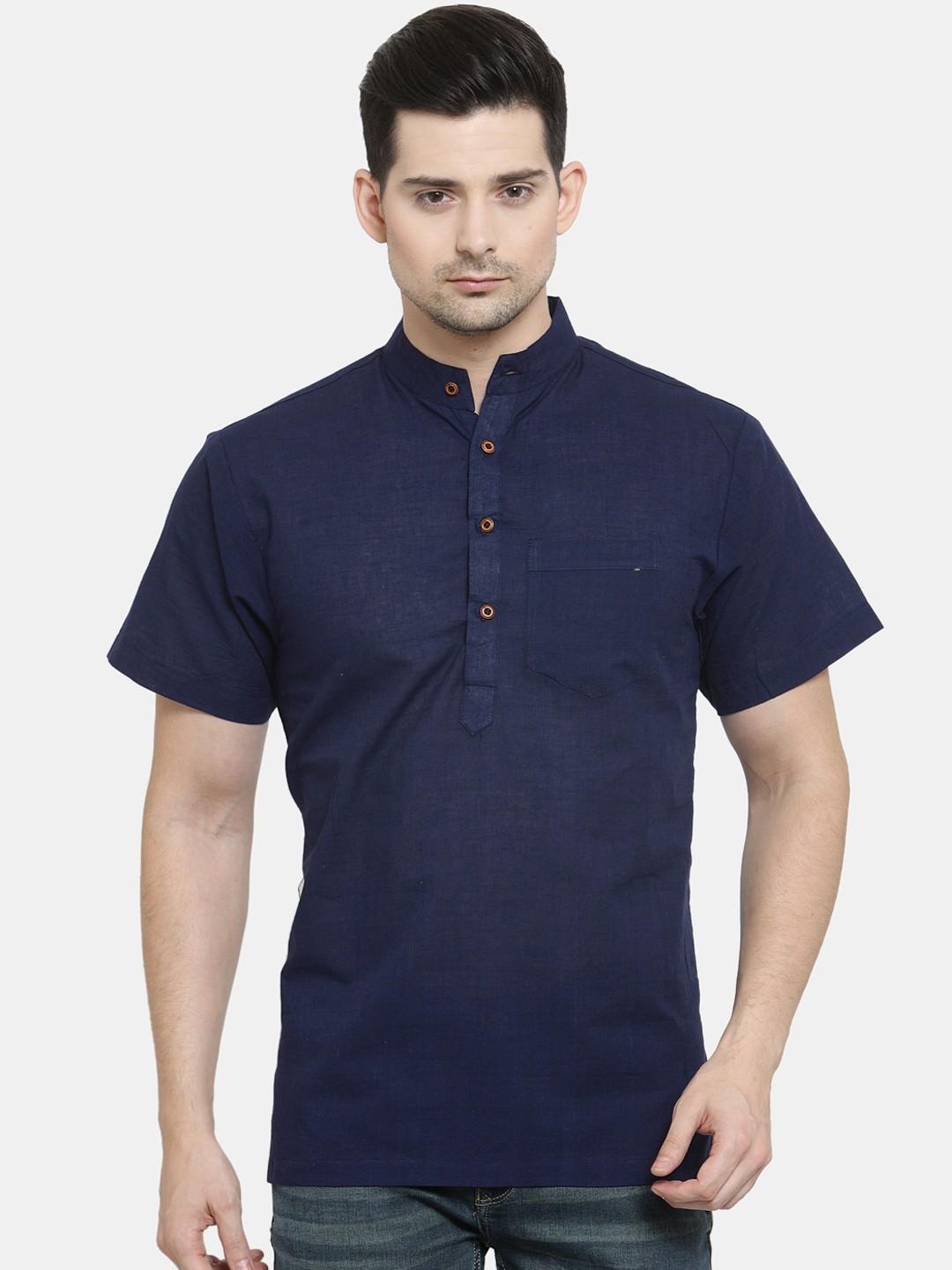 

Sayesha Mandarin Collar Pure Cotton Straight Kurta, Navy blue