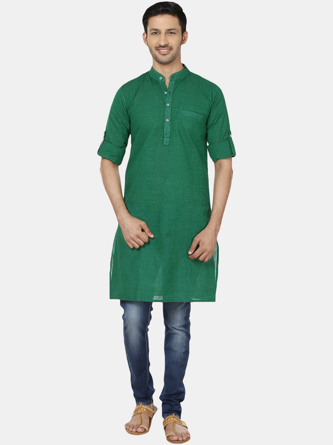 

Sayesha Mandarin Collar Pure Cotton Straight Kurta, Green