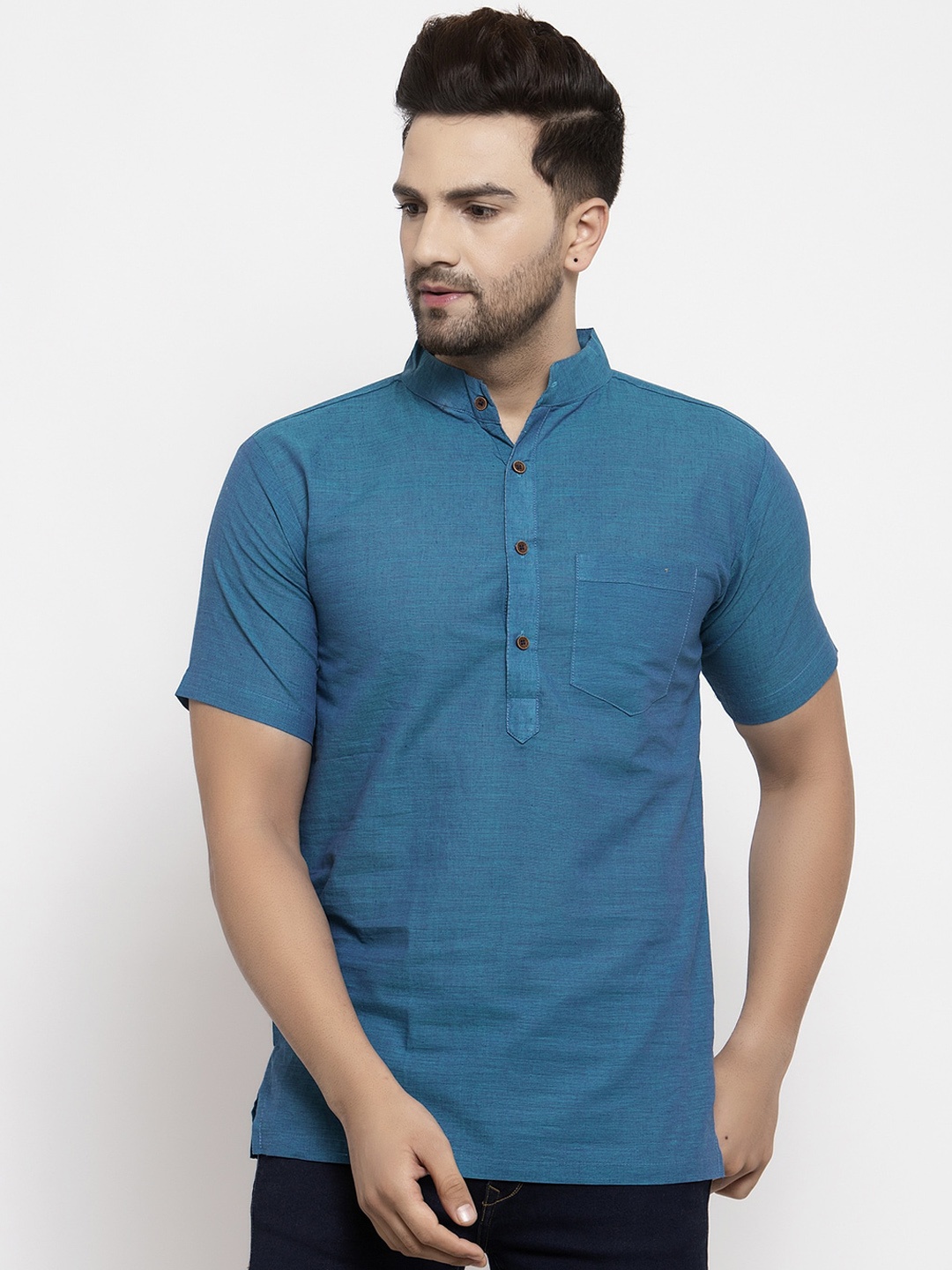 

Sayesha Mandarin Collar Pure Cotton Short Kurta, Blue