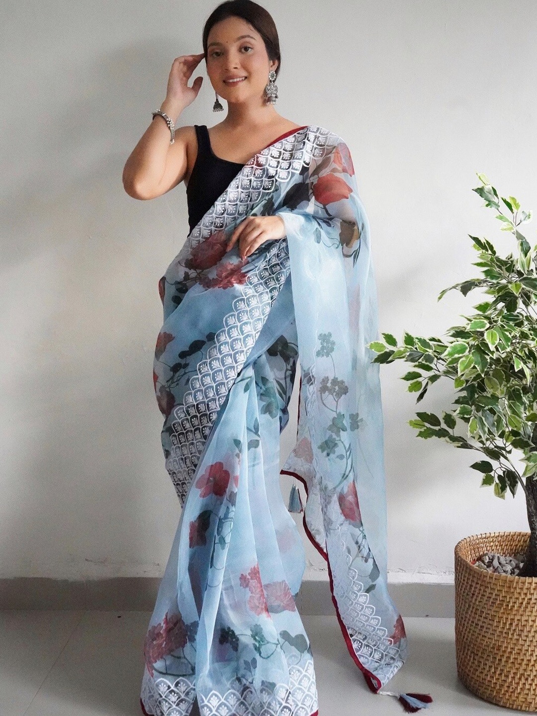 

Mitera Blue Floral Printed Embroidered Detail Organza Saree