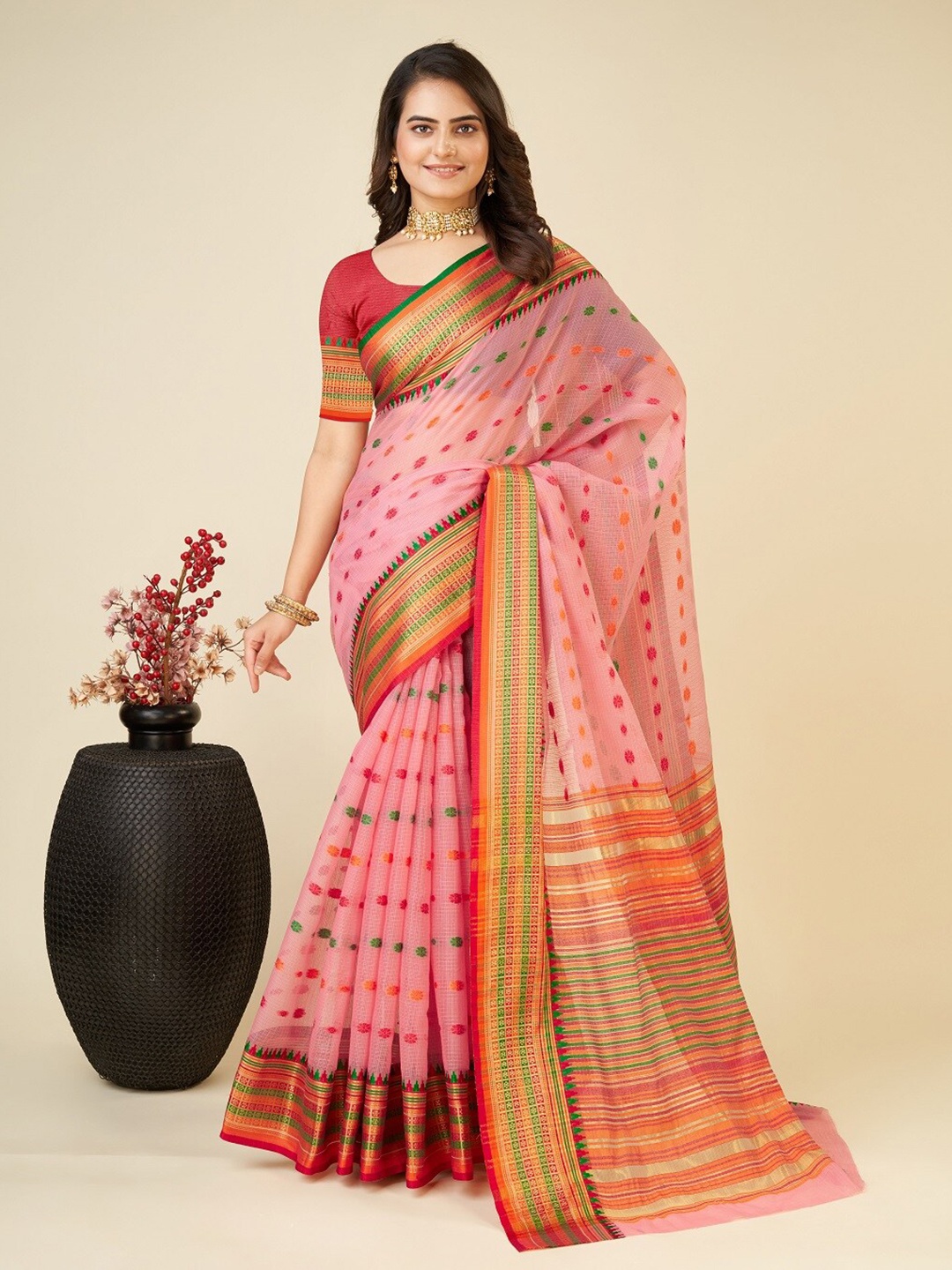 

Mitera Pink Ethnic Motifs Woven Design Zari Silk Cotton Saree