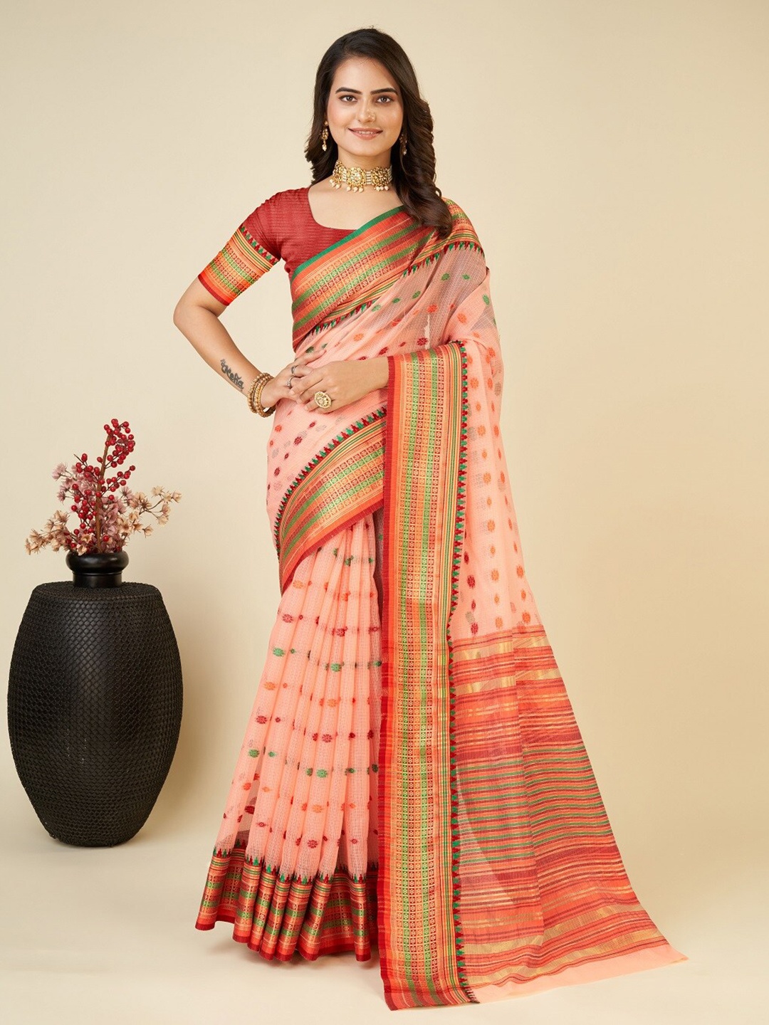 

Mitera Peach-Coloured Floral Woven Design Zari Saree