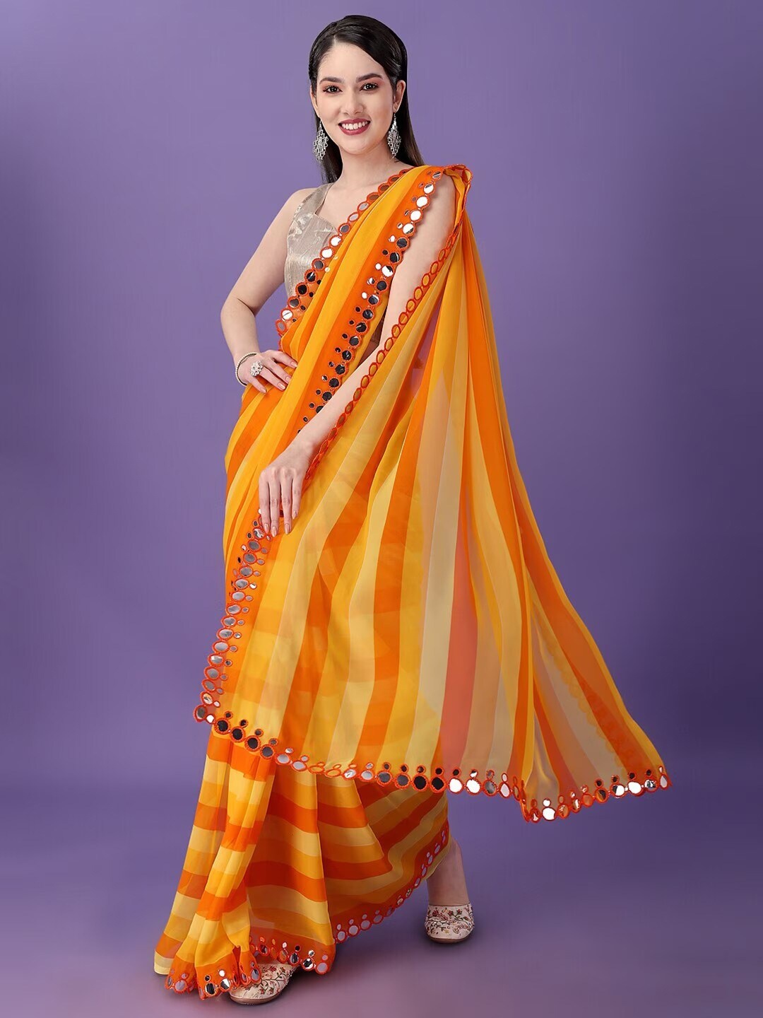 

Mitera Striped Mirror Work Poly Georgette Saree, Yellow
