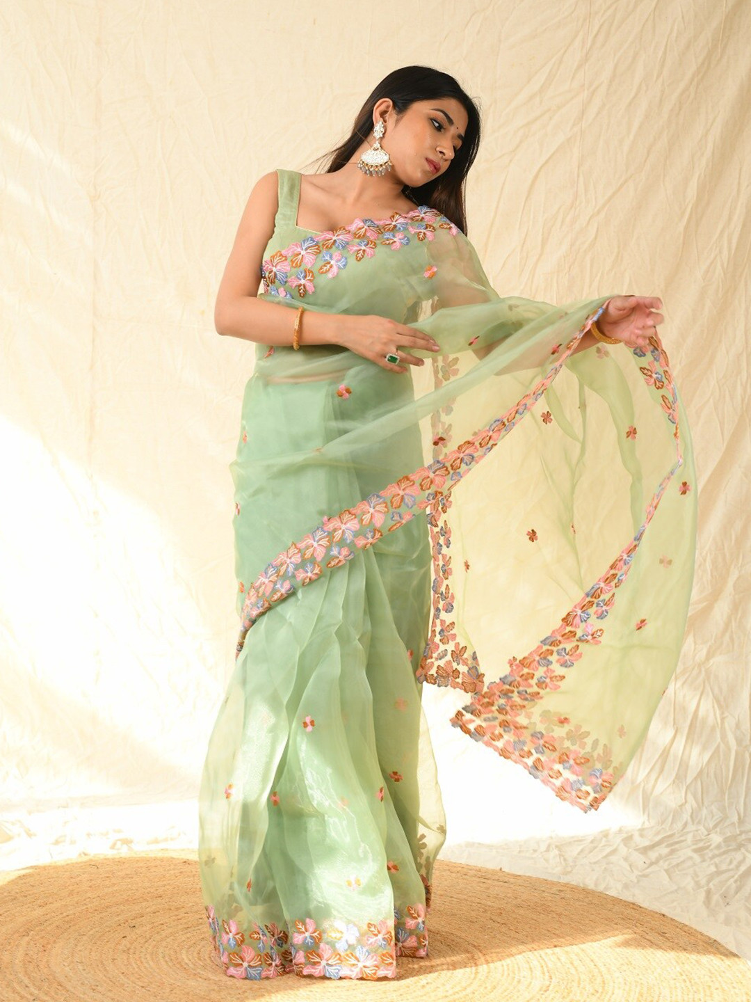 

Mitera Sea Green Floral Embroidered Organza Saree