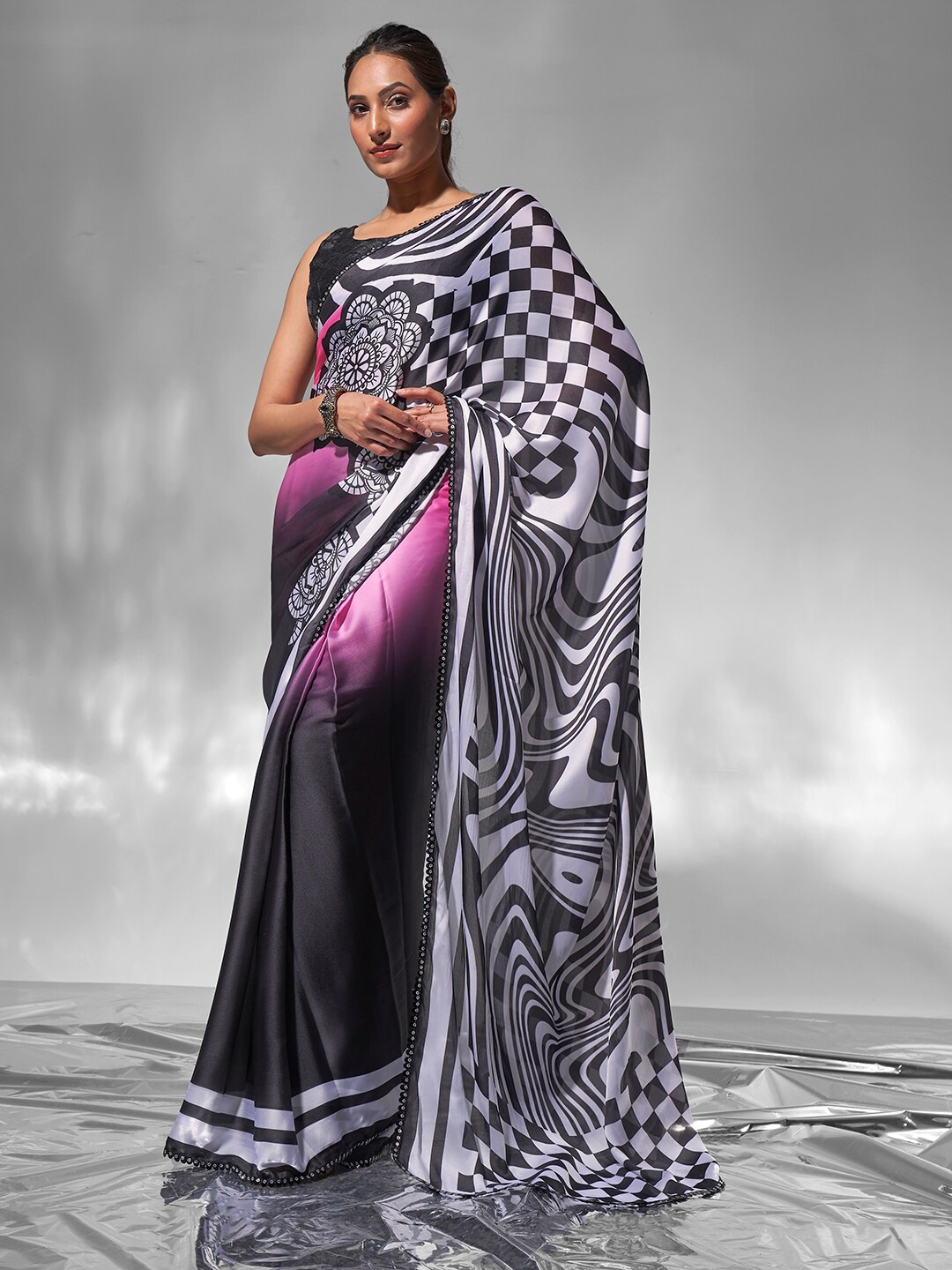 

modeva Printed Ready to Wear Satin Saree, Black