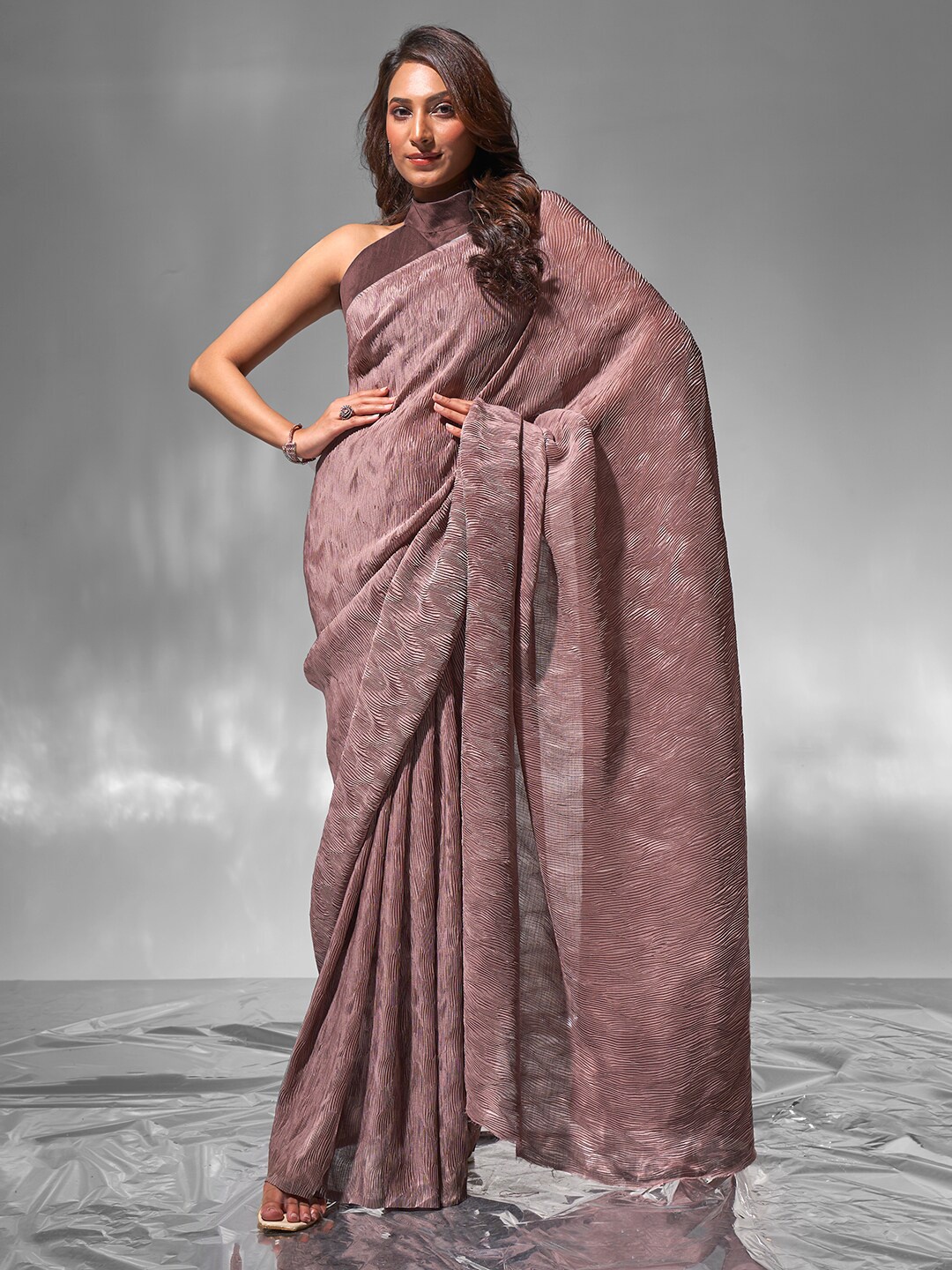 

modeva Pleated Pure Chiffon Saree, Brown