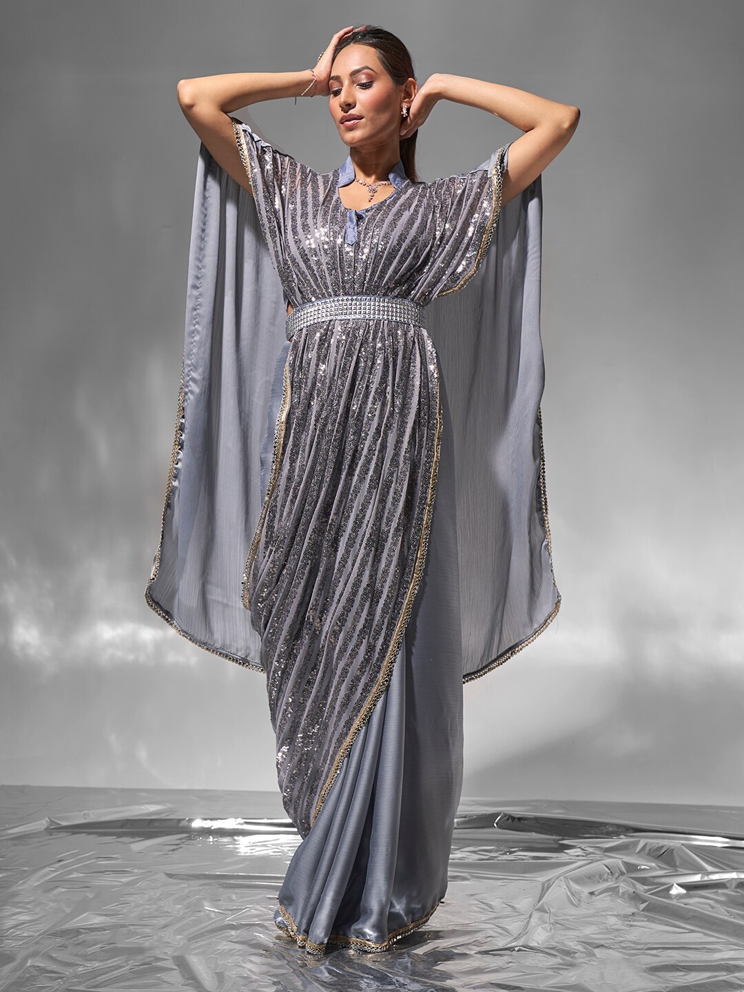 

modeva Embellished Sequinned Pure Chiffon Kaftan Saree, Grey