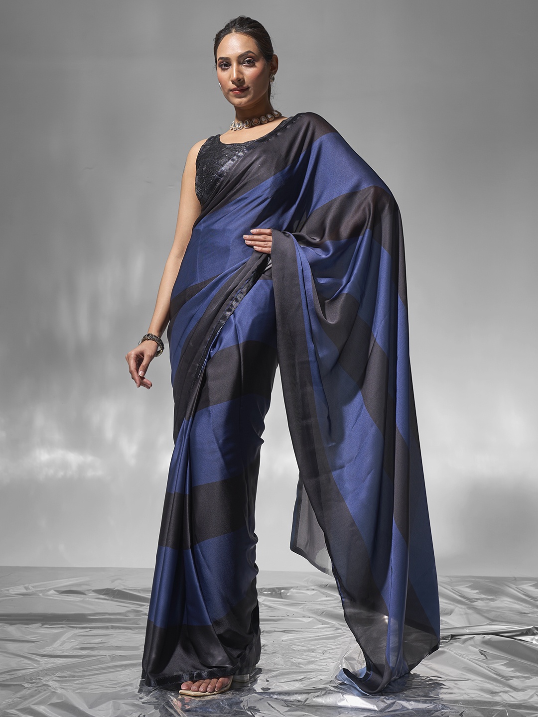 

modeva Colourblocked Satin Ready to Wear Saree, Black
