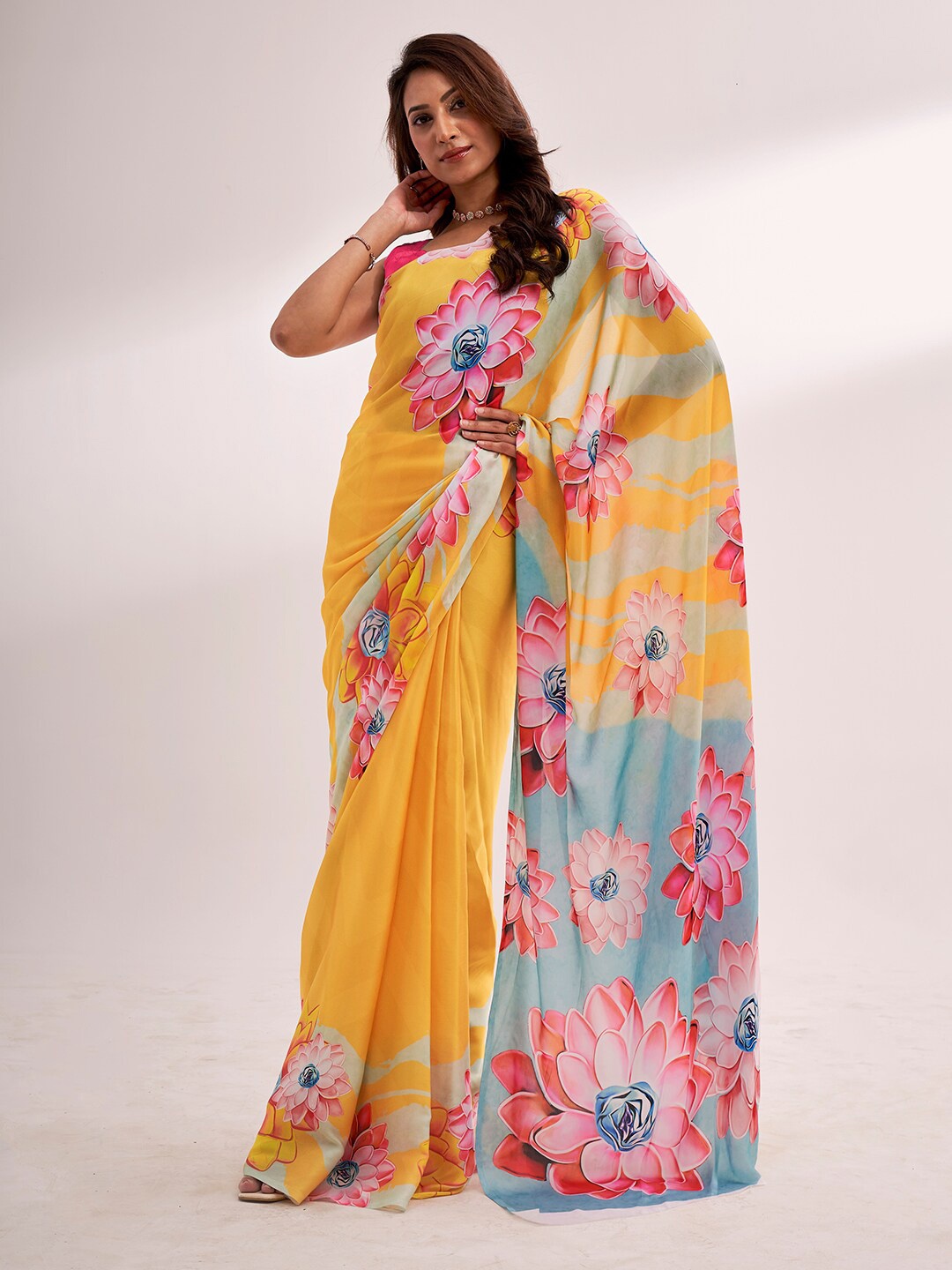 

modeva Floral Printed Satin Ready to Wear Saree, Yellow
