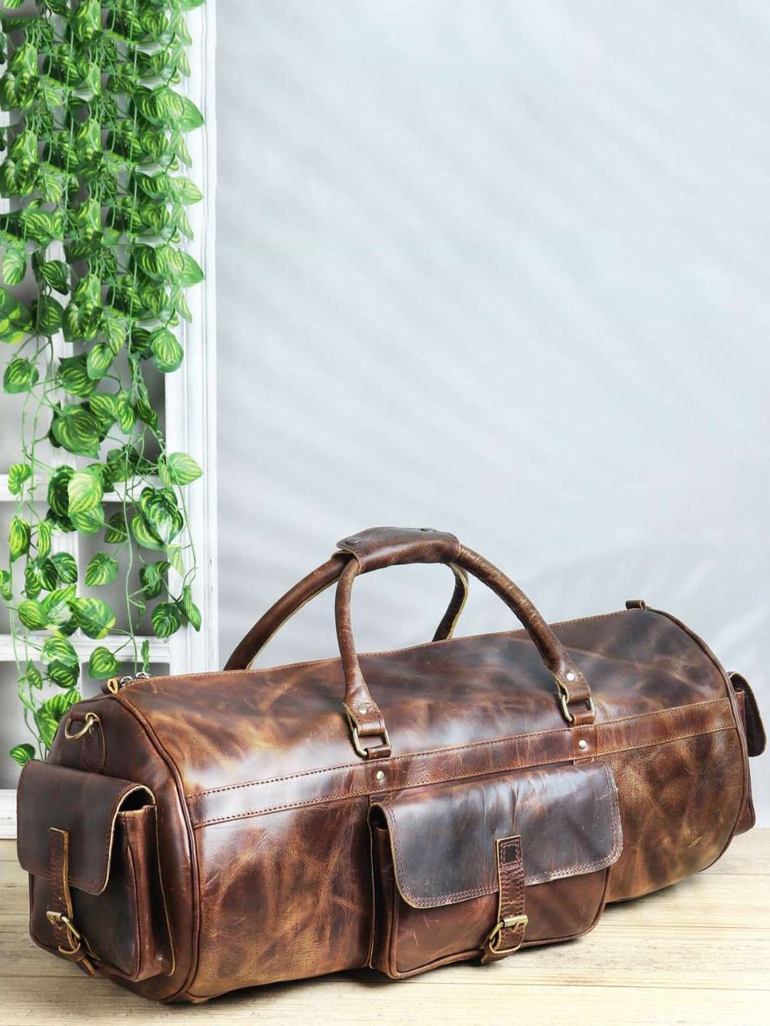 

MaheTri Abstract Print Small Leather Casual Duffel Bag, Brown