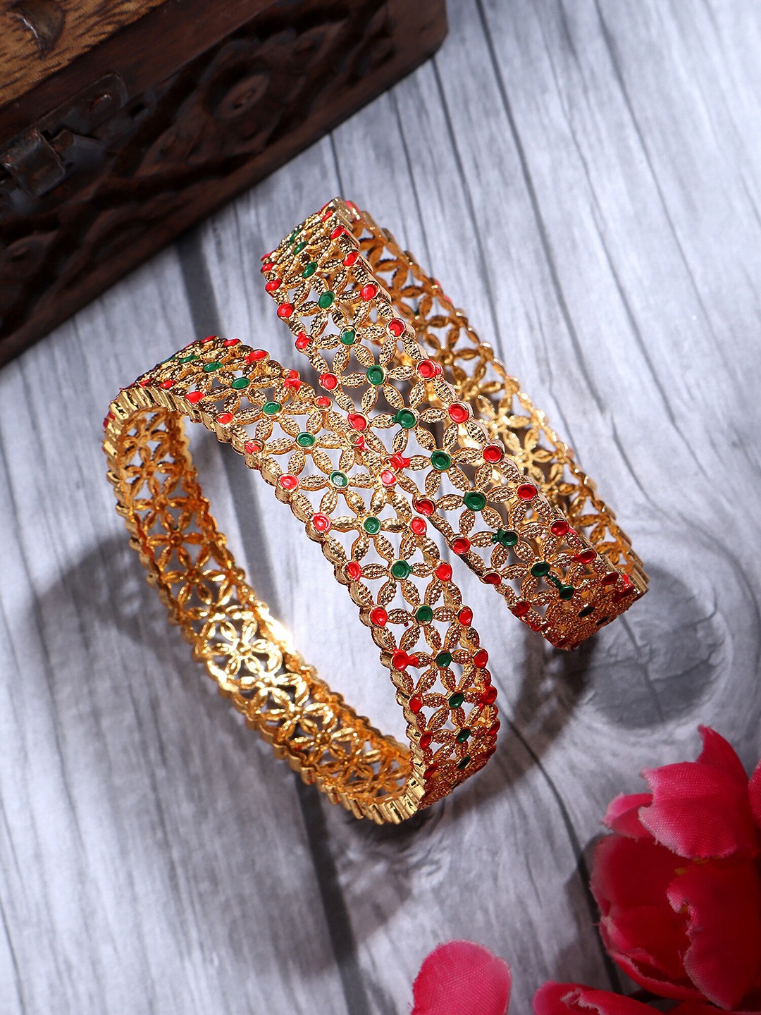 

AARSHVI Set Of 2 Gold-Plated Stone-Studded Meenakari Bangles