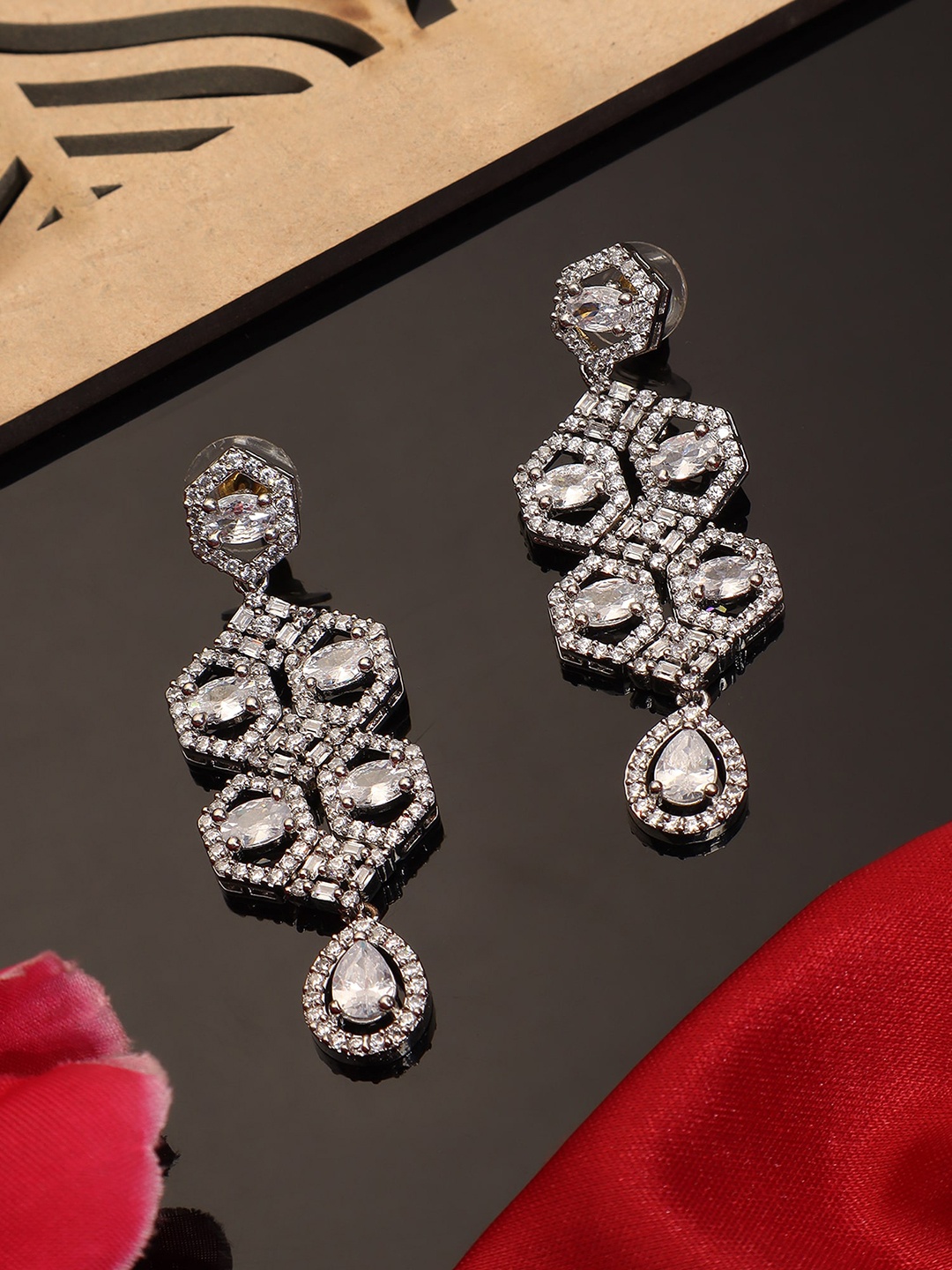 

AARSHVI American Diamond-Studded Contemporary Drop Earrings, Silver
