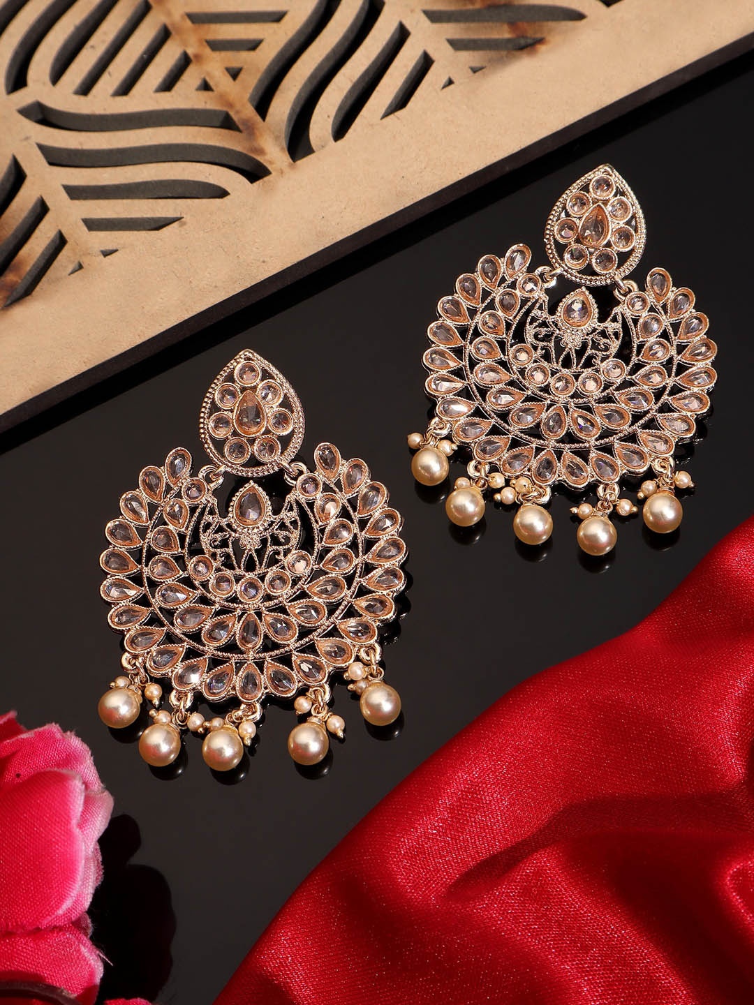 

AARSHVI American Diamond-Studded Contemporary Chandbalis, Gold