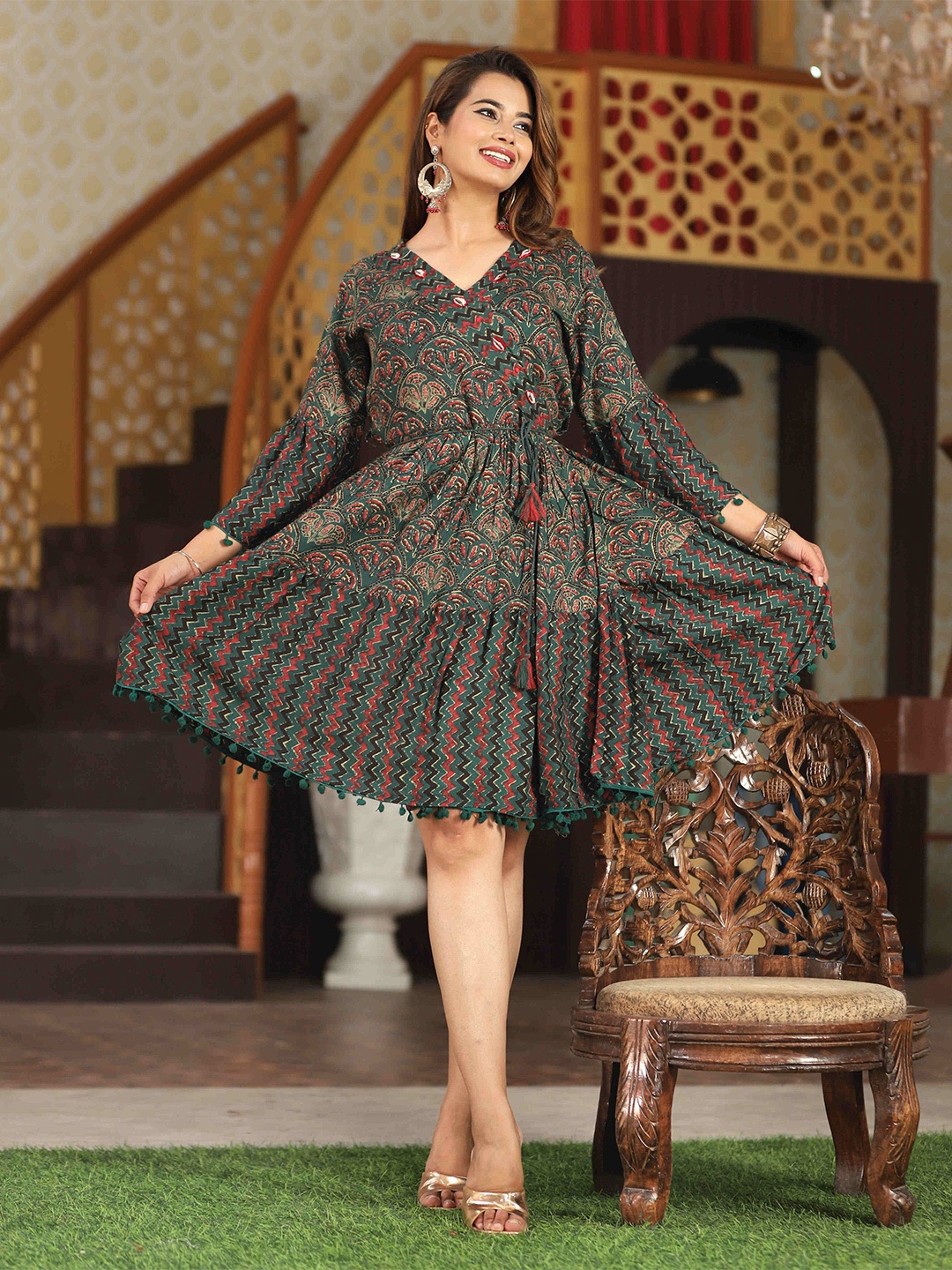 

DARVIKAA COLLECTION Ethnic Motifs Printed A-Line Dress, Green