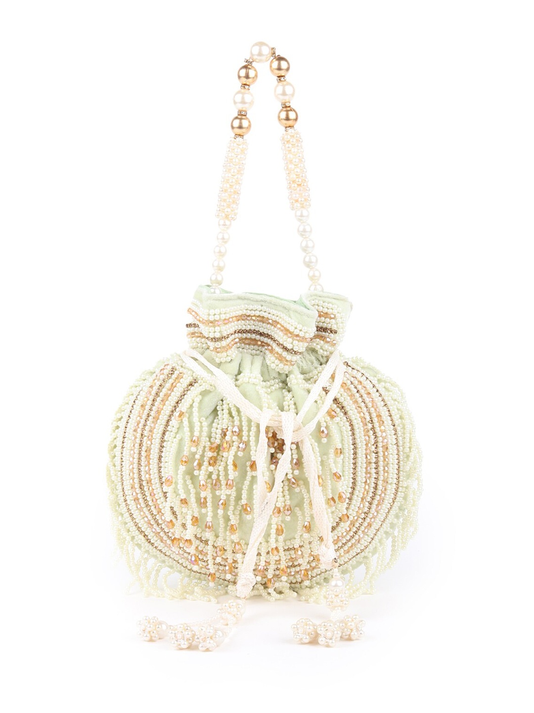 

ODETTE Embroidered Tasselled Potli Clutch, Green