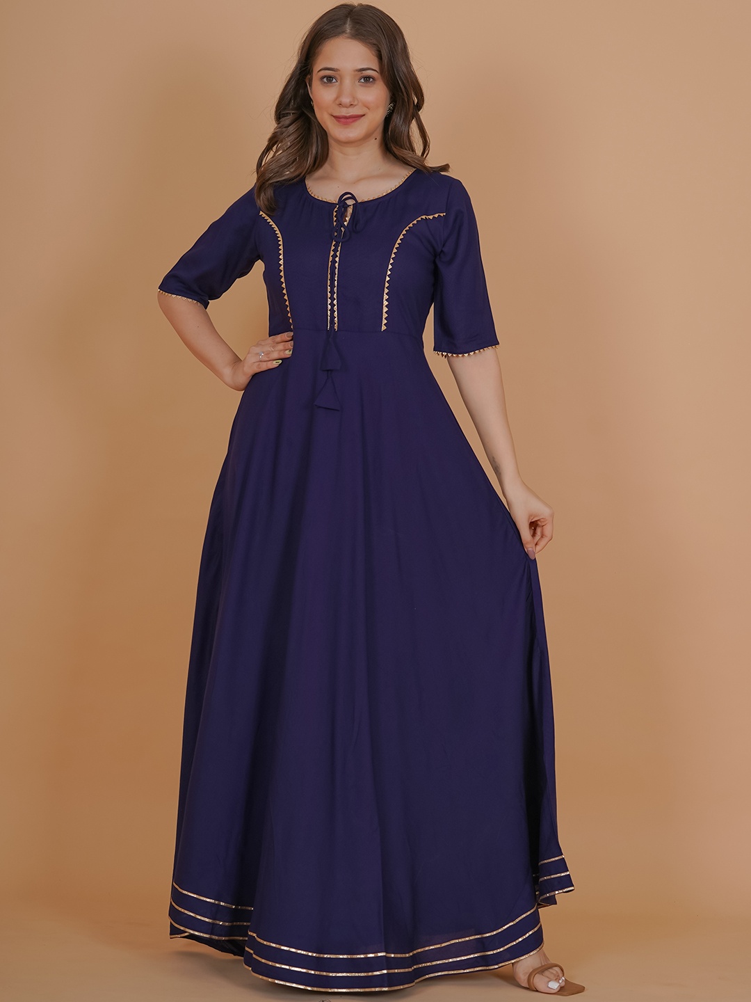 

INDIANIC Tie-Up Neck Maxi Ethnic Dress, Navy blue