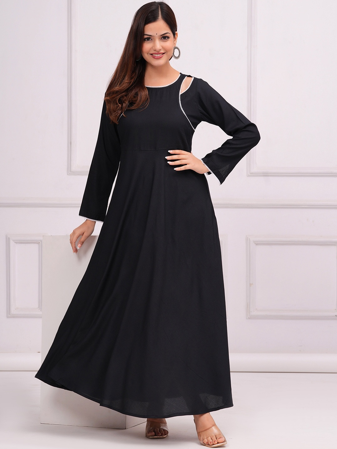 

INDIANIC Lace Inserts Detailed Maxi Ethnic Dress, Black