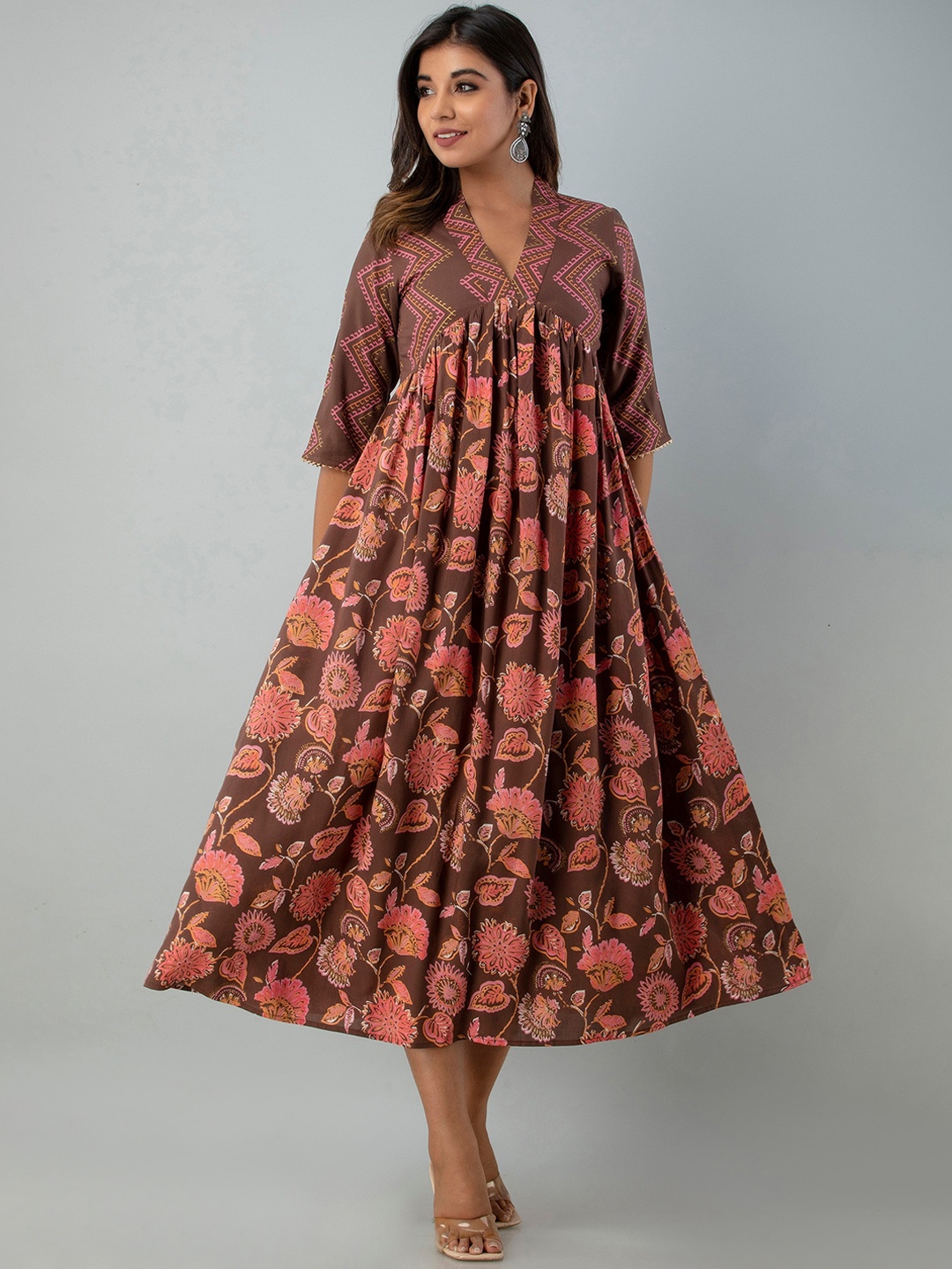 

INDIANIC Ethnic Motifs Printed V-Neck Gathered Detailed Empire Ethnic Dress, Brown