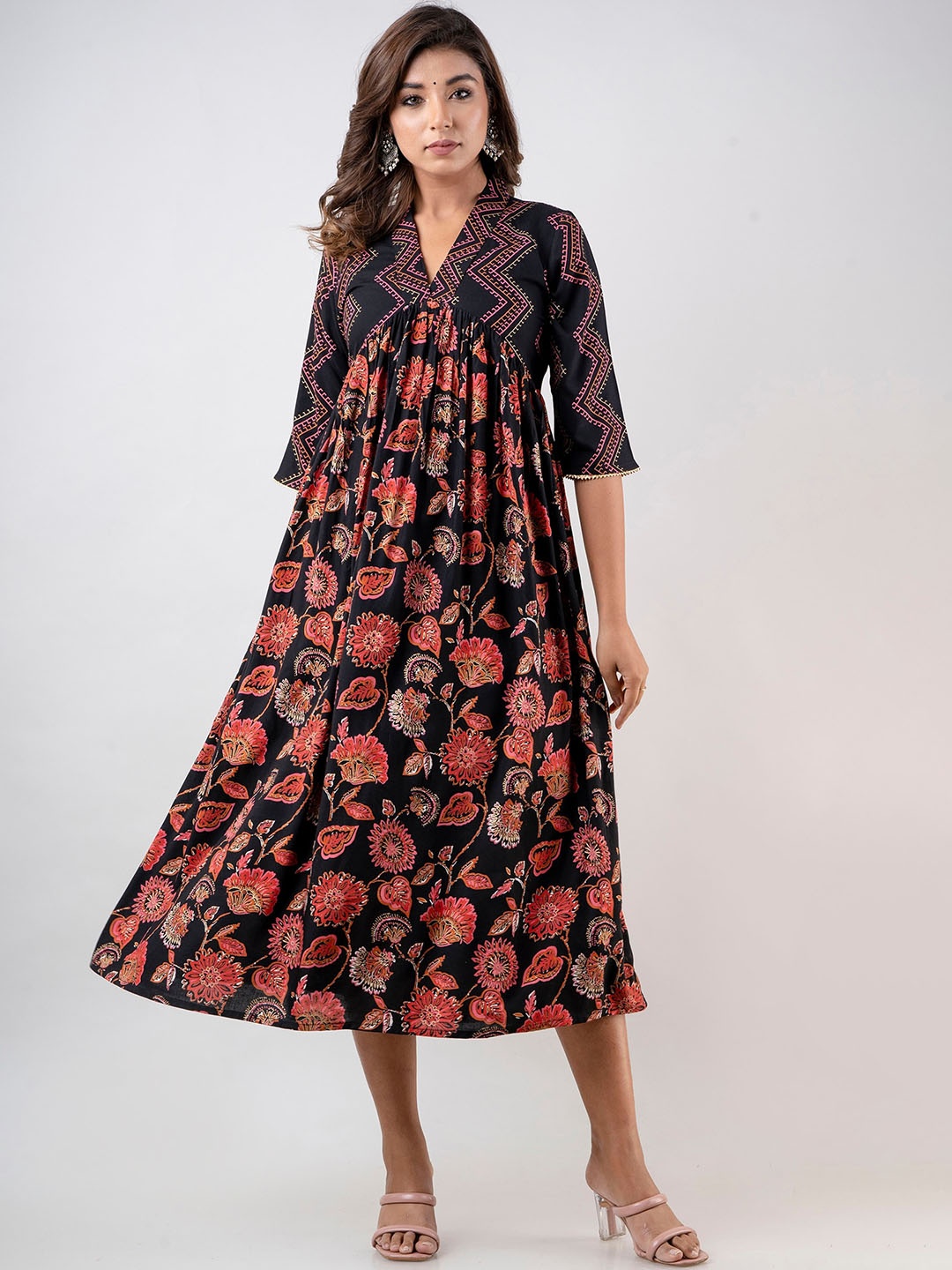 

INDIANIC Floral Printed V-Neck Empire Midi Ethnic Dress, Black