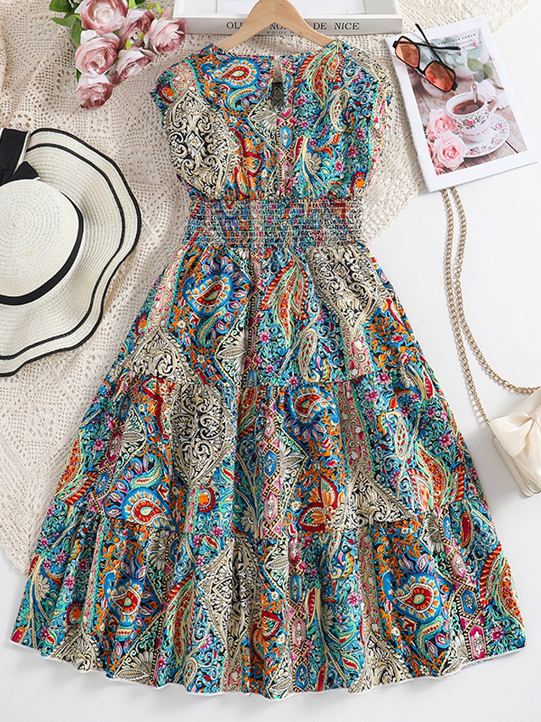 

StyleCast Girls Grey Ethnic Motifs Printed Smocked Tiered Maxi Dress