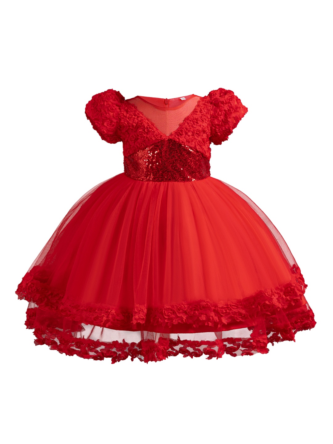 

StyleCast Red Girls Embellished Puff Sleeves Ruffles Detail Ruffled Balloon Dress