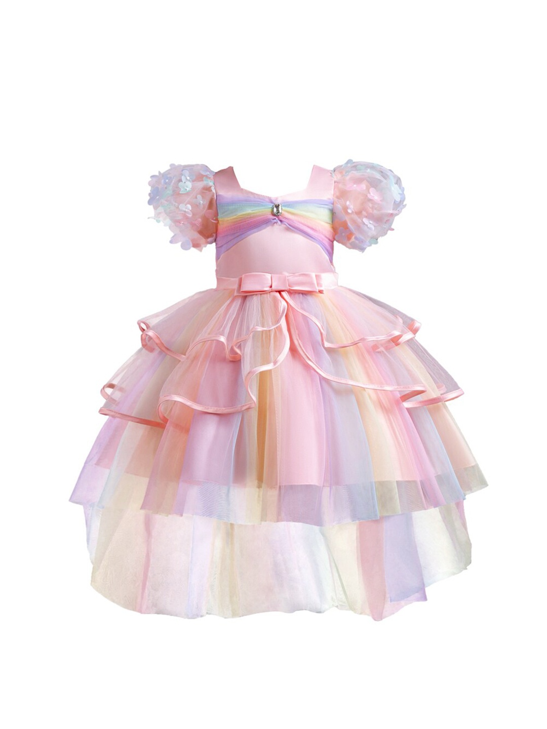 

StyleCast Girls Pink Colourblocked Puff Sleeve Layered Fit & Flare Dress
