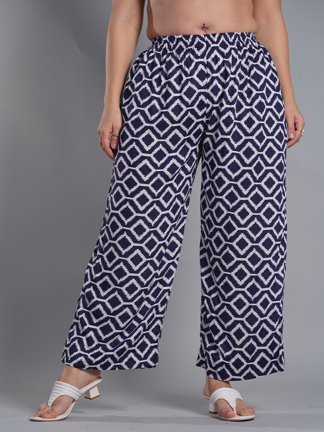 

LetsDressUp Geometric Printed Wide Leg Palazzos, Navy blue