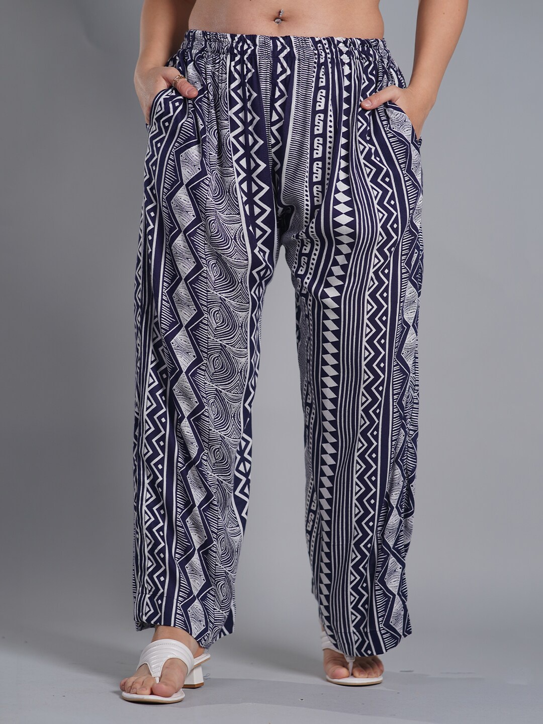 

LetsDressUp Geometric Printed Wide Leg Palazzos, Navy blue