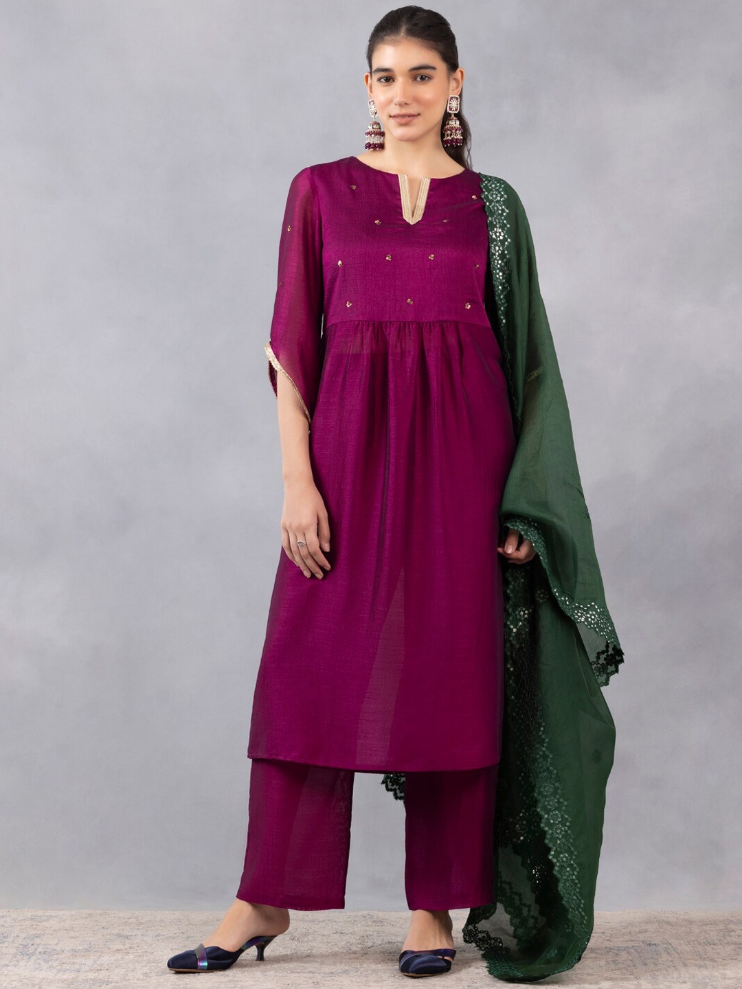 

SHAYE Sequinned A-Line Kurta & Trousers With Dupatta, Purple