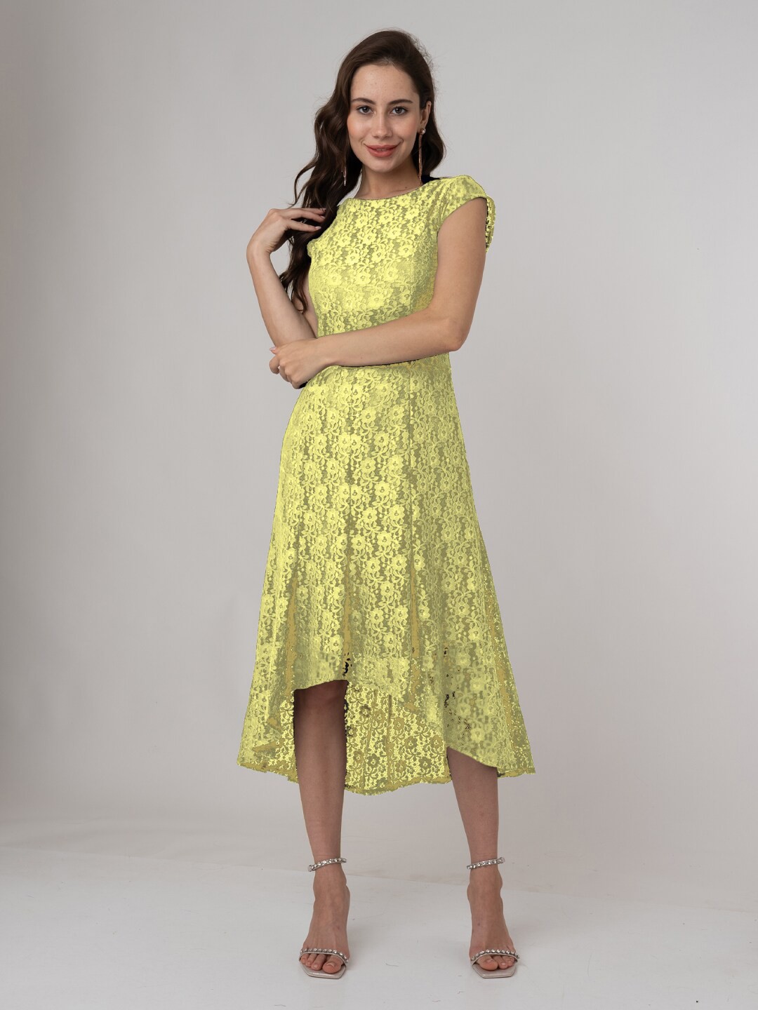 

Zink London Yellow Floral Self Design Lace A-Line High-Low Dress