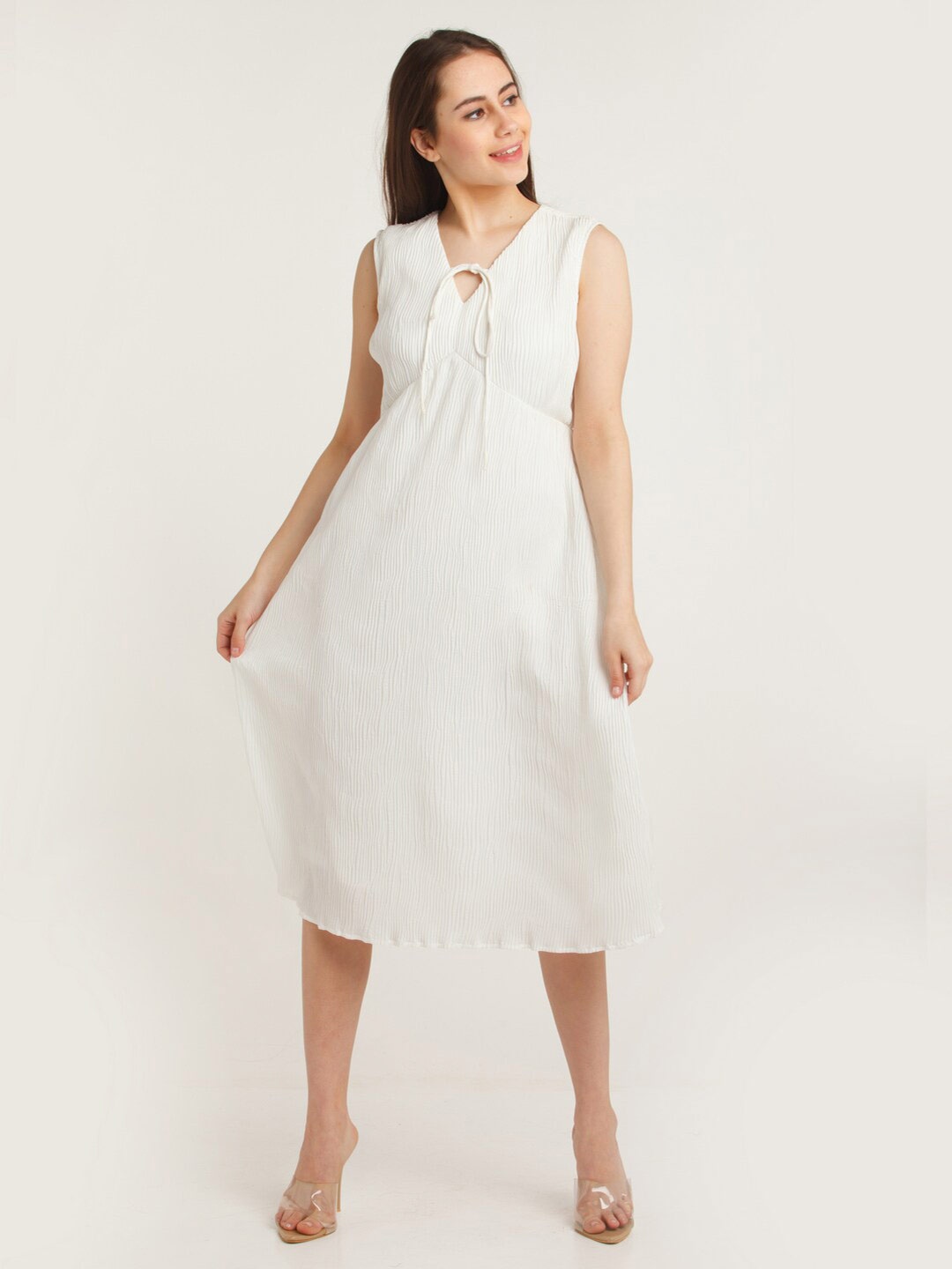 

Zink London White Self Design Tie-Up Neck Empire Midi Dress